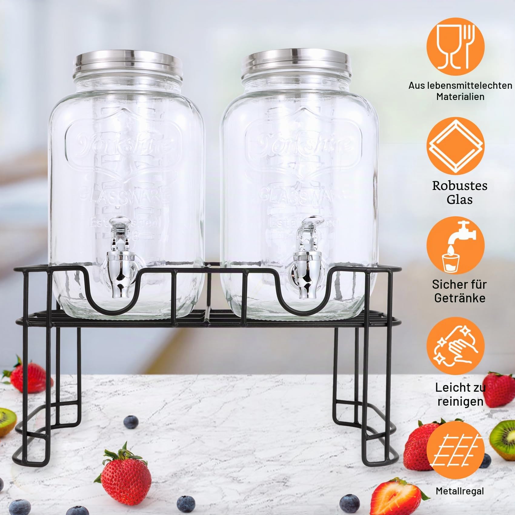 Glas Getränkespender mit Zapfhahn(Set von 2),4L/1 Gallon Getränkespender für Partys mit Ständer,Obst Infuser,Wasserspender Saft Behälter, für Cocktails,Saft,Wasser,Getränke