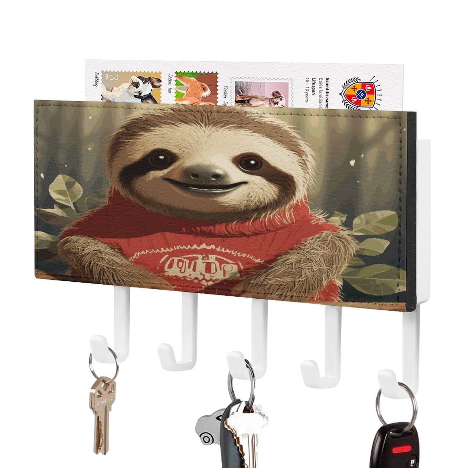 FekiLoot Cartoon Sloth Key Holder for Wall Decorative Mail Organizer with 5 Key Hook Self Adhesive Key Rack with Tray Coat Rack Wall Mount Key Hanger Decor for Entryway Door