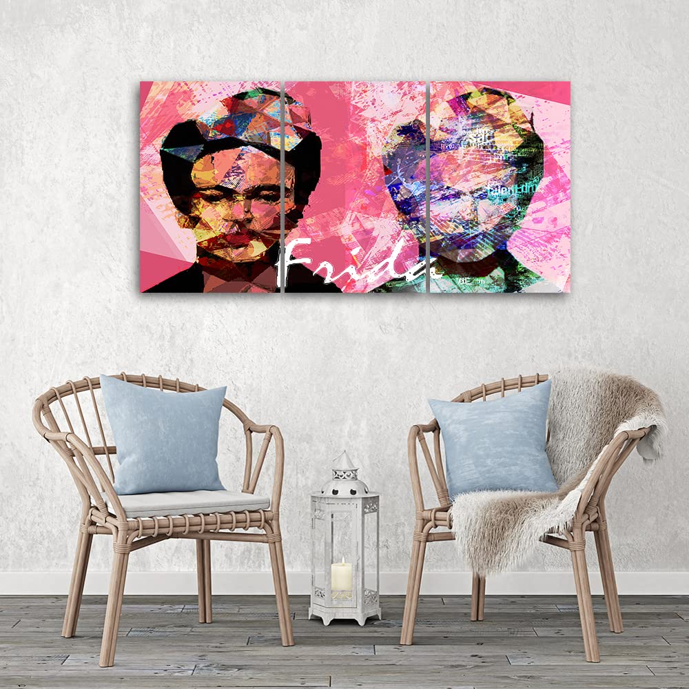Feeby 3 parti Quadro Stampa Moderna 120x60 cm Frida Kahlo Ritratto Astrazione Stampa Moderna Decorazione murale Immagini Moderni Soggiorno Femminismo Artista Cultura Pop rosa