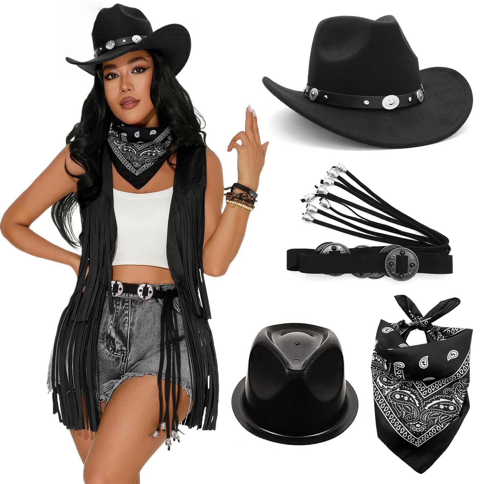 MICFENY 3Pcs Cowgirl Outfit Accessories Including Rodeos Hat Bandana For Wild Western Cosplay Event