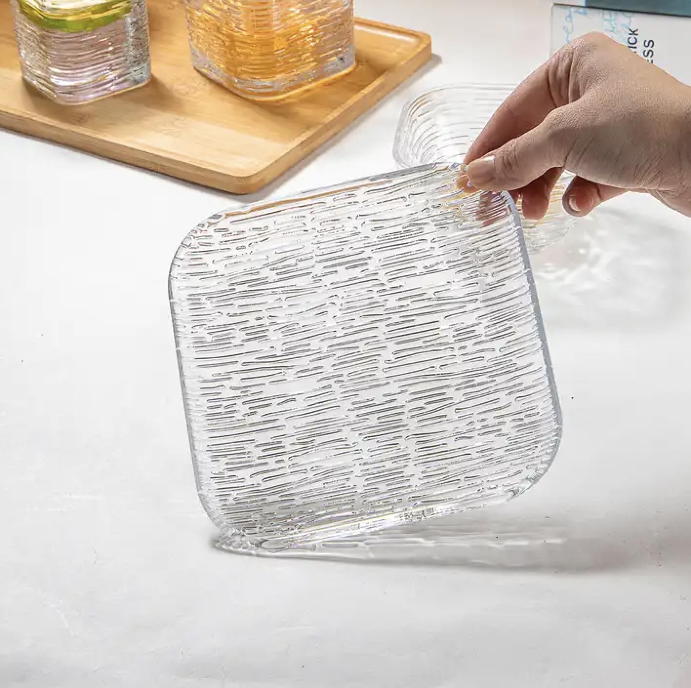 HOMIES 6 Inch Square Designer Glass Dessert Plates, Small Mini Appetizer, Fruit, Salad and Cake Plates, Set of 6 (Hammered Smokey) — Amazon image 8