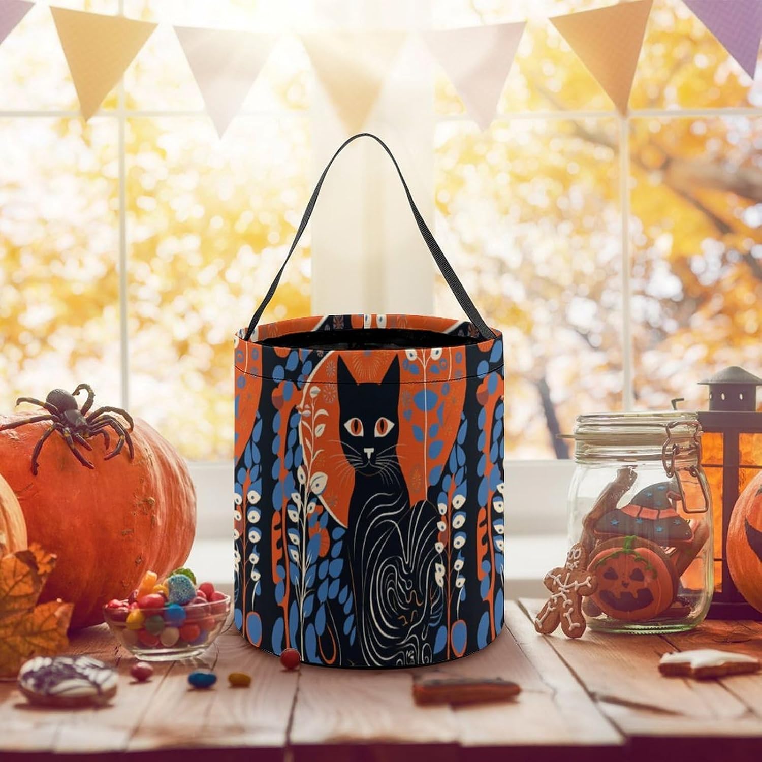 Reusable Halloween Black Cat Candy Bucket with Handle image 5