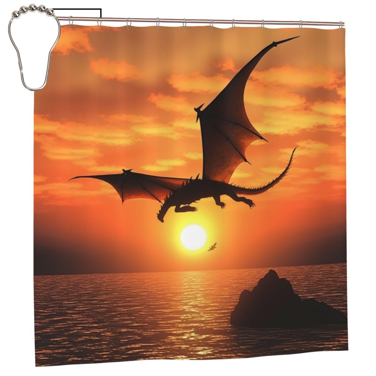 FodPand Sea Sunset Flying Dragon Shower Curtain 70"x70" Waterproof Long Bathroom Curtain Heavy Duty Thick Cloth Bath Curtain Set with Hooks, Modern Abstract Art Pattern Bathroom Shower Curtains