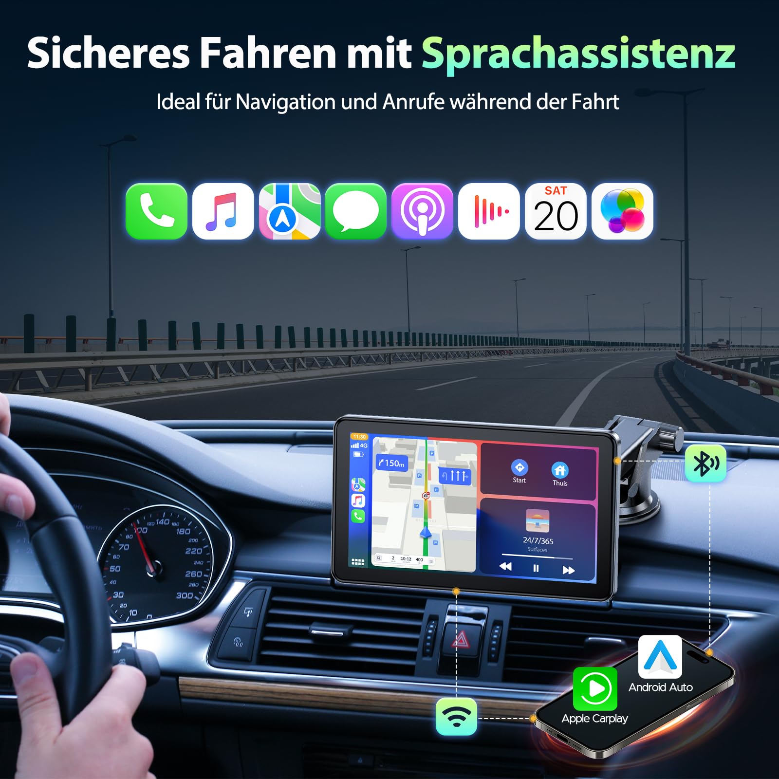 LAMTTO Pantalla Inalámbrica Carplay para Coche con Carplay y Android Auto Inalámbrico 7 Pulgadas Pantalla Coche Portátil Radio Car Play con Bluetooth/Mirror Link/Asistencia de Voz/Navegación/FM/AUX