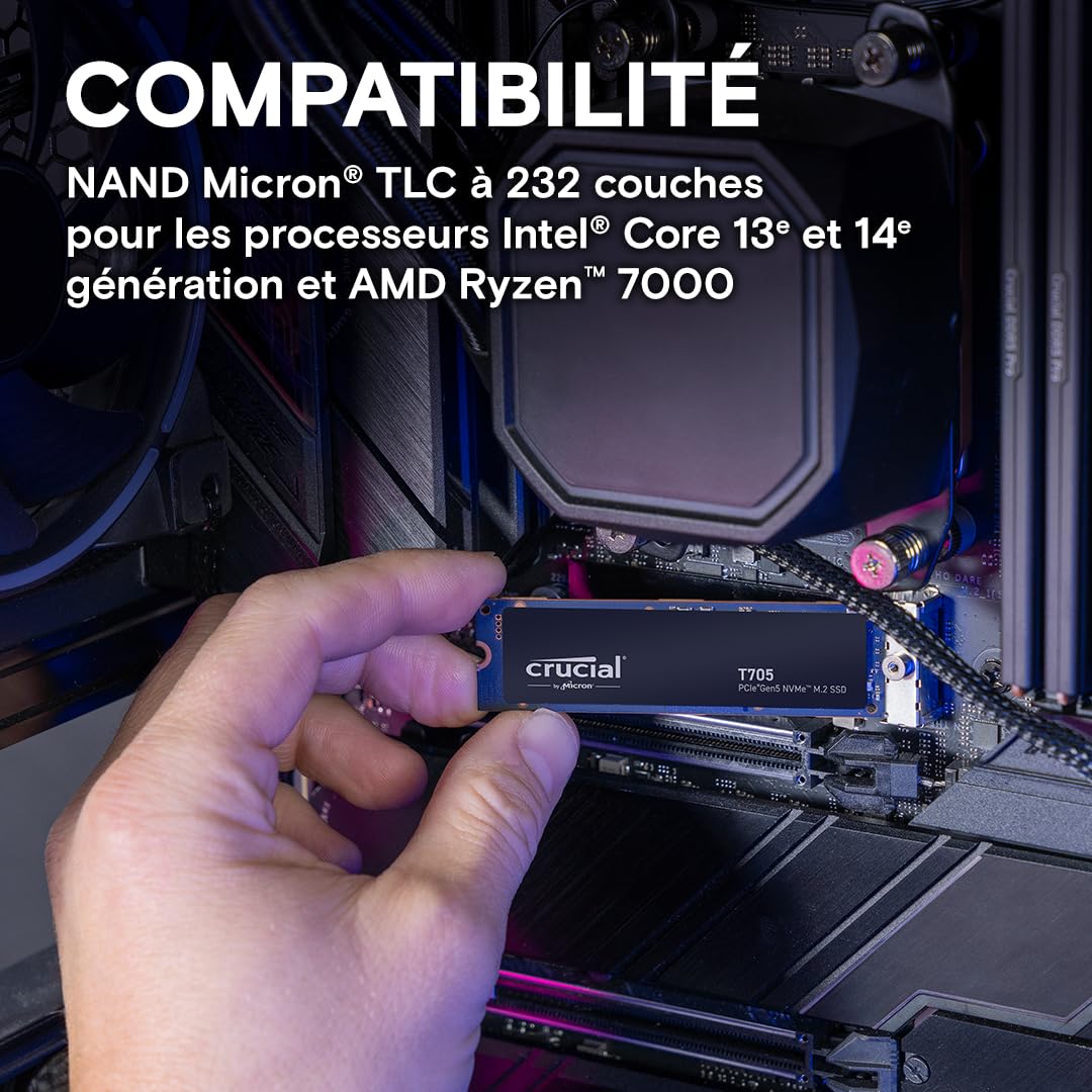 Crucial T705 SSD 1To PCIe Gen5 NVMe M.2 SSD Interne Gaming (Nouveau 2024), Jusqu’à 13.600Mo/s, Microsoft DirectStorage, Rétrocompatibilité PCIe 3.0 et 4.0, Disque Dur SSD - CT1000T705SSD3