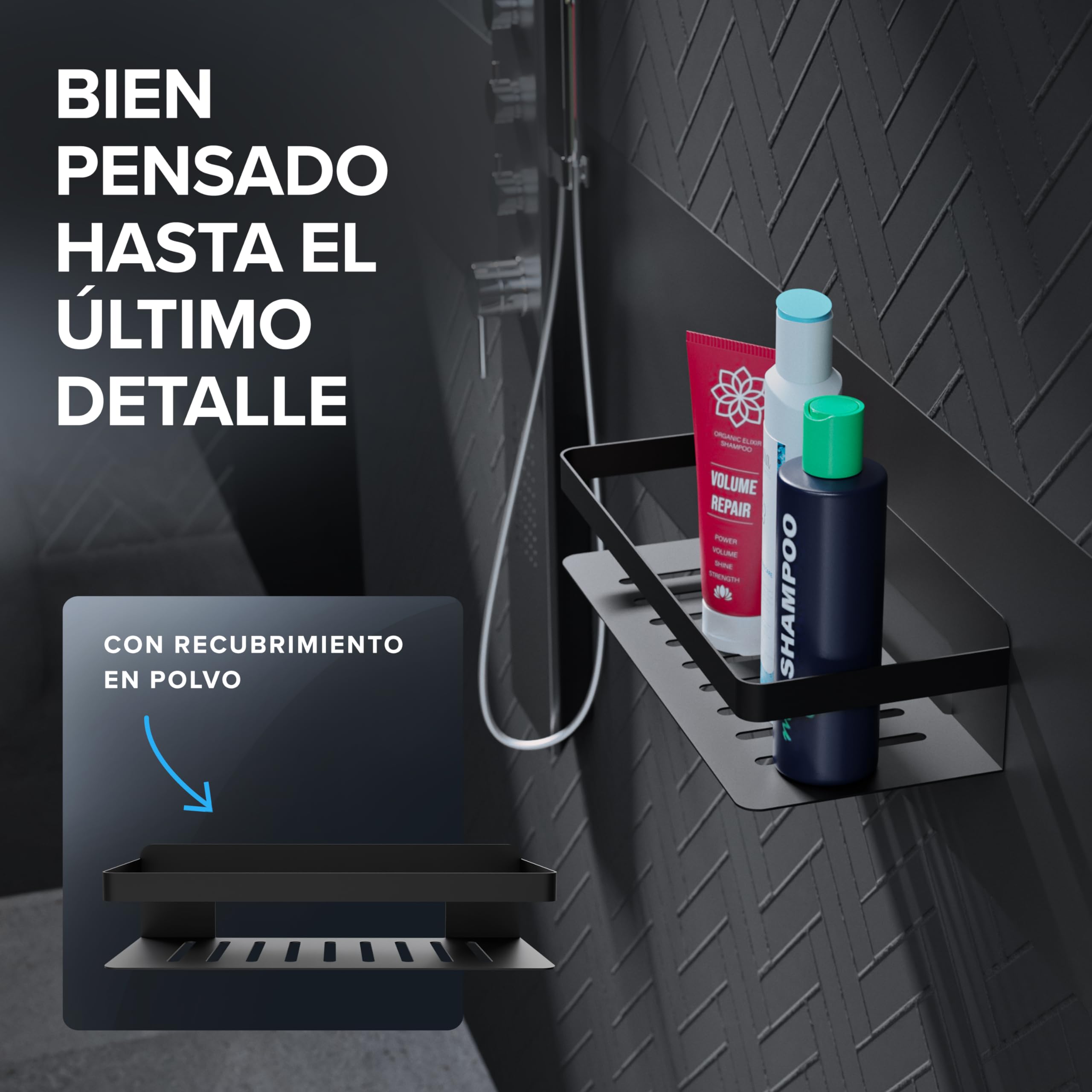 Ovimar Cesta de Ducha Rectangular Hinnoya | Negro Mate | Acero Inoxidable | Sin Taladrar | Para Pegar | Plato de Ducha | Ahorra Espacio | Para Bañera | Guarda Gel