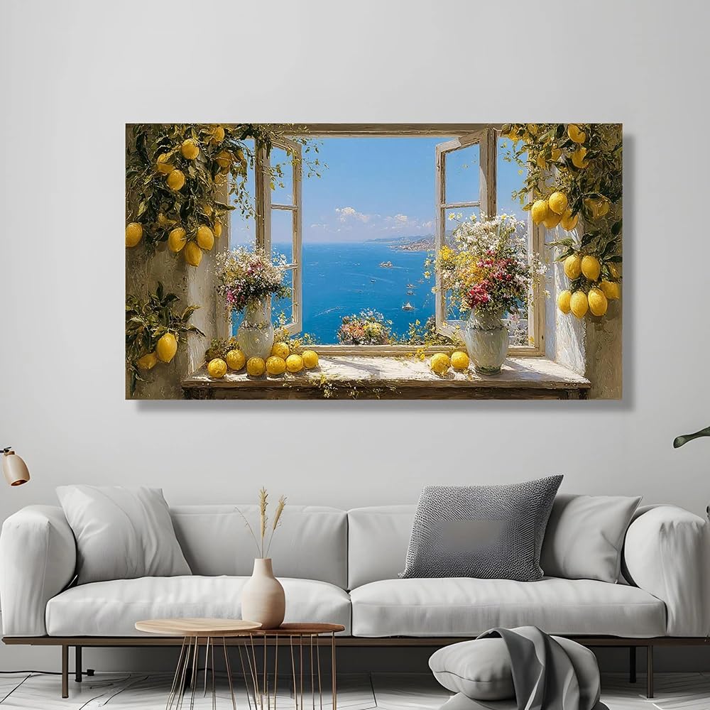 GKUVBF Tableau sur toile représentant une vue de la mer Méditerranée, une nature morte avec un citronnier et des fleurs, fenêtre ouverte, décoration intérieure côtière (90x180cm/sans cadre)