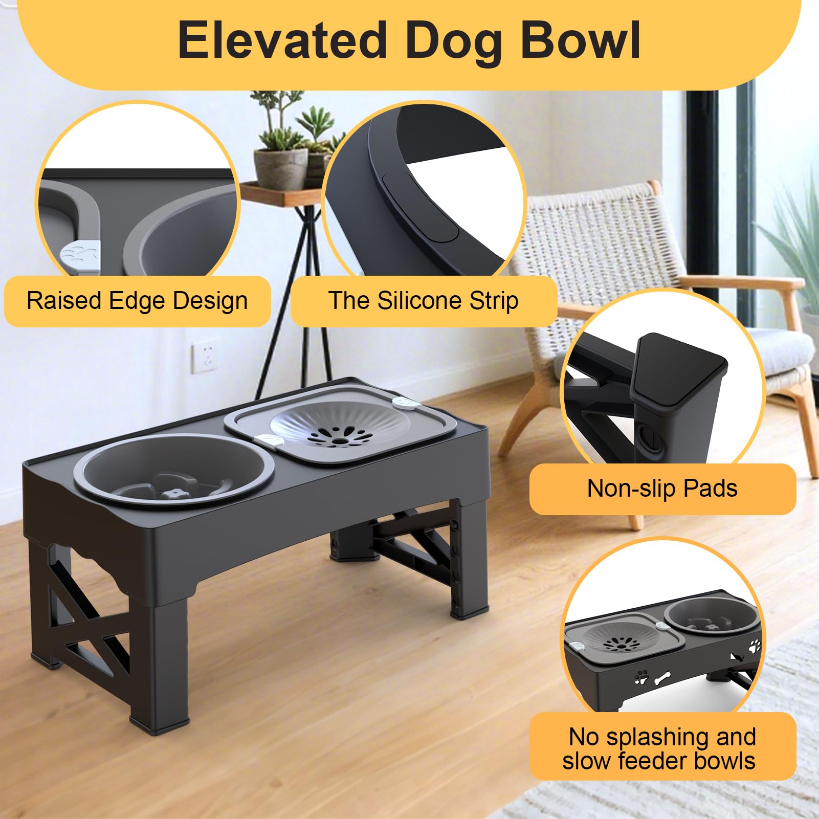 Gamelles surélevées pour chien avec gamelle d'alimentation lente et bol d'eau anti-déversement, 5 supports réglables en hauteur 8,2 cm/22 cm/25 cm/28 cm/31 cm pour chiens de petite, moyenne