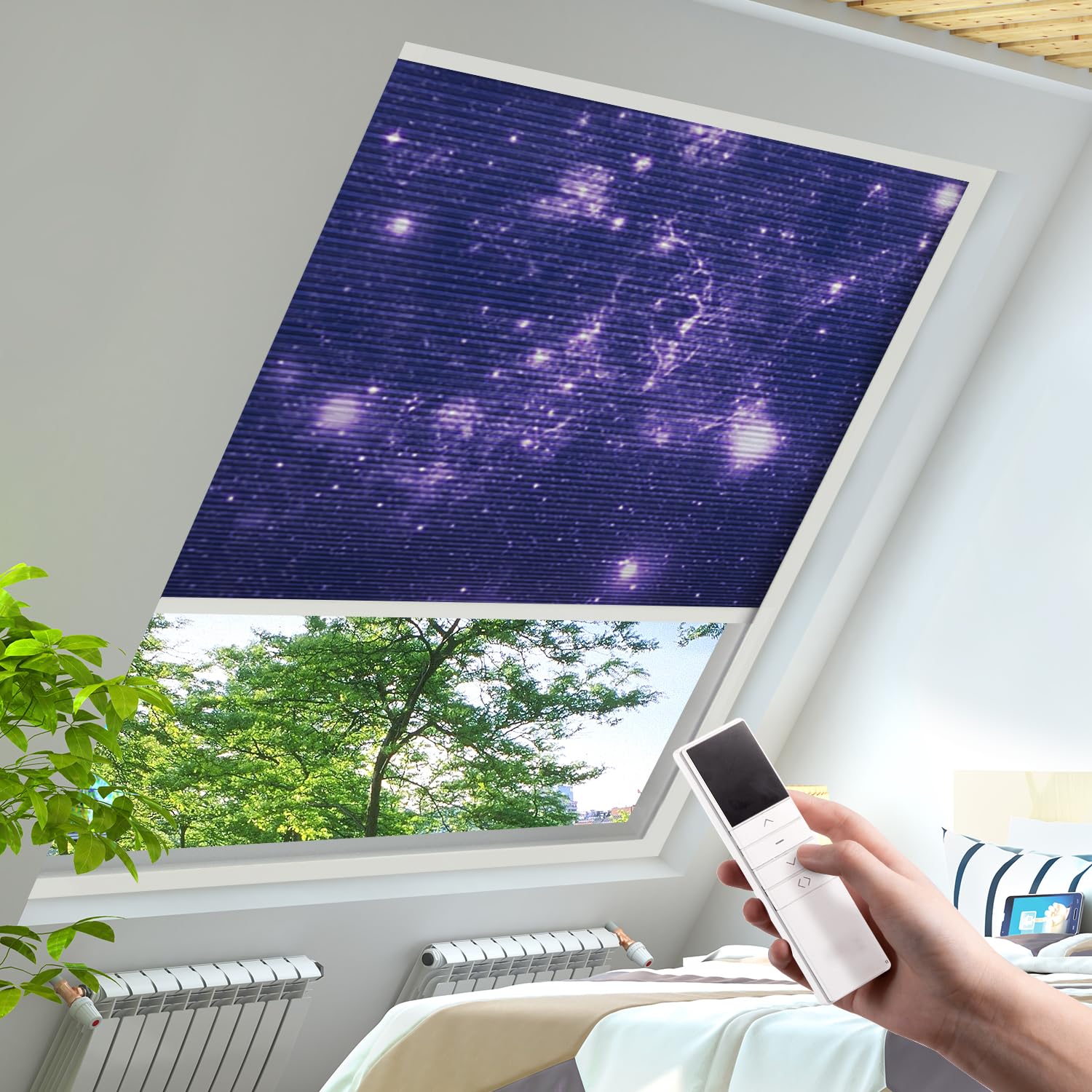 YESCENT Motorized Honeycomb Shades Cordless Over-size Customized Cellular Blinds Window Shades for Skylight Roof Inclined Plane Room Windows-starry night(93021J)