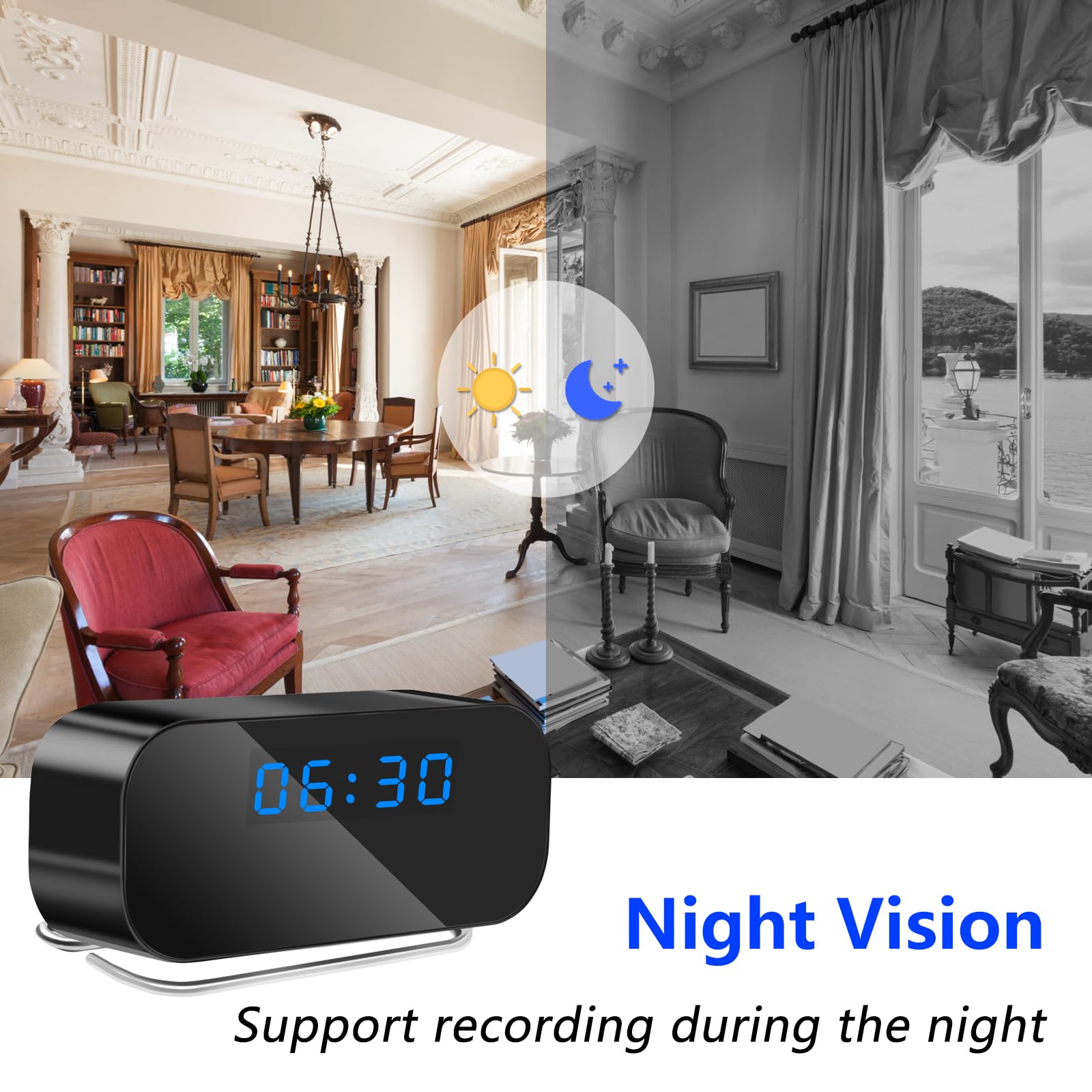 Telecamera Nascosta WiFi, Telecamera Spia Nascosta 2 in 1 con Orologio | Mini Telecamera Spia Nascosta, Telecamera Spia Wi-Fi 2,4 e 5G, Visione Notturna, Rilevamento del Movimento, APP Tuya