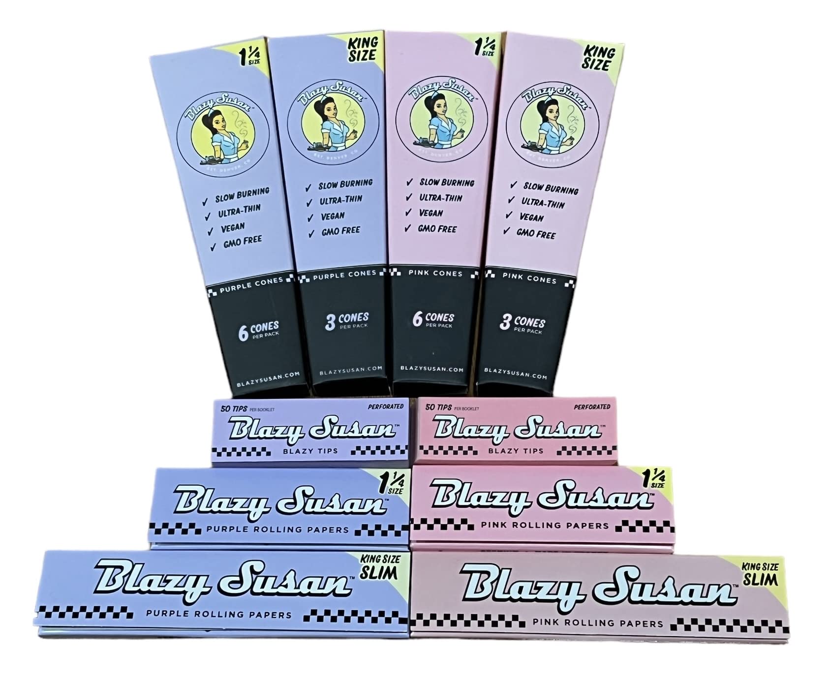 Blazy Susan Ultimate Combo Pack Pink & Purple 1 1/4 King Size Papers + Cones + Tips + RSV Scoop Card