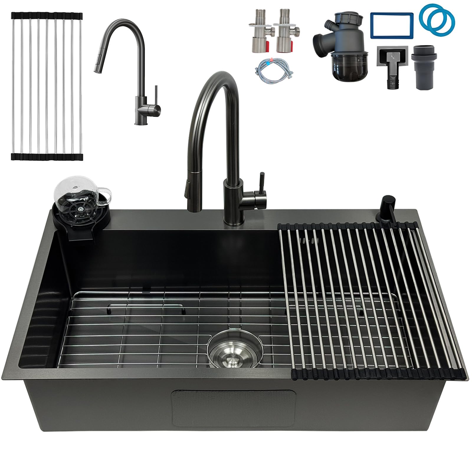 85x50cm Acciaio Inox Lavello Cucina 1 Vasca Grigio Nero, Con Griglia In Acciaio Inox Nano, Lavabo Cucina con 3 Fori Scolapiatti da Appoggio con Rubinetto, con Dispenser Sapone Da Appoggio