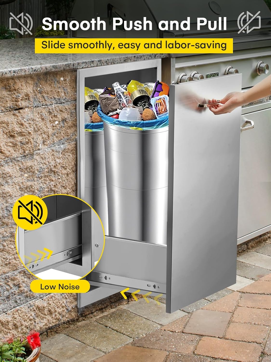 Close-up of the trash drawer's sliding rails, emphasizing low noise operation.