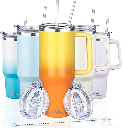 Miniatura 5 de Vaso de 40 onzas con asa y tapa con popote, botella de agua de acero inoxidable, taza aislada reutilizable con tapa y popote, mantiene el frío calor