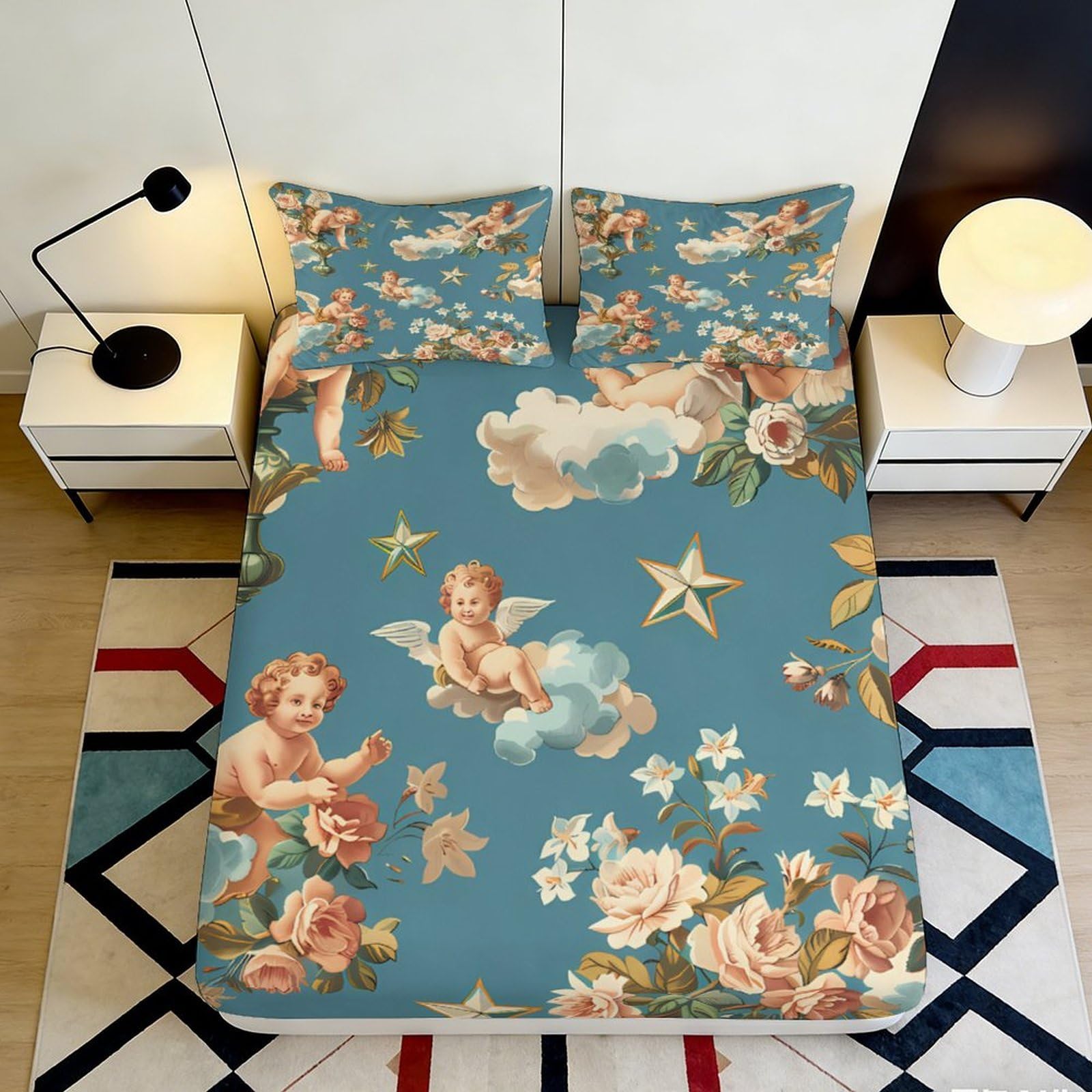 3D Printed Angel Floral Fitted Sheet Microfiber Soft Blue Cherub Star Mattress Cover for Bedroom Dorm Decor 90x200x25cm