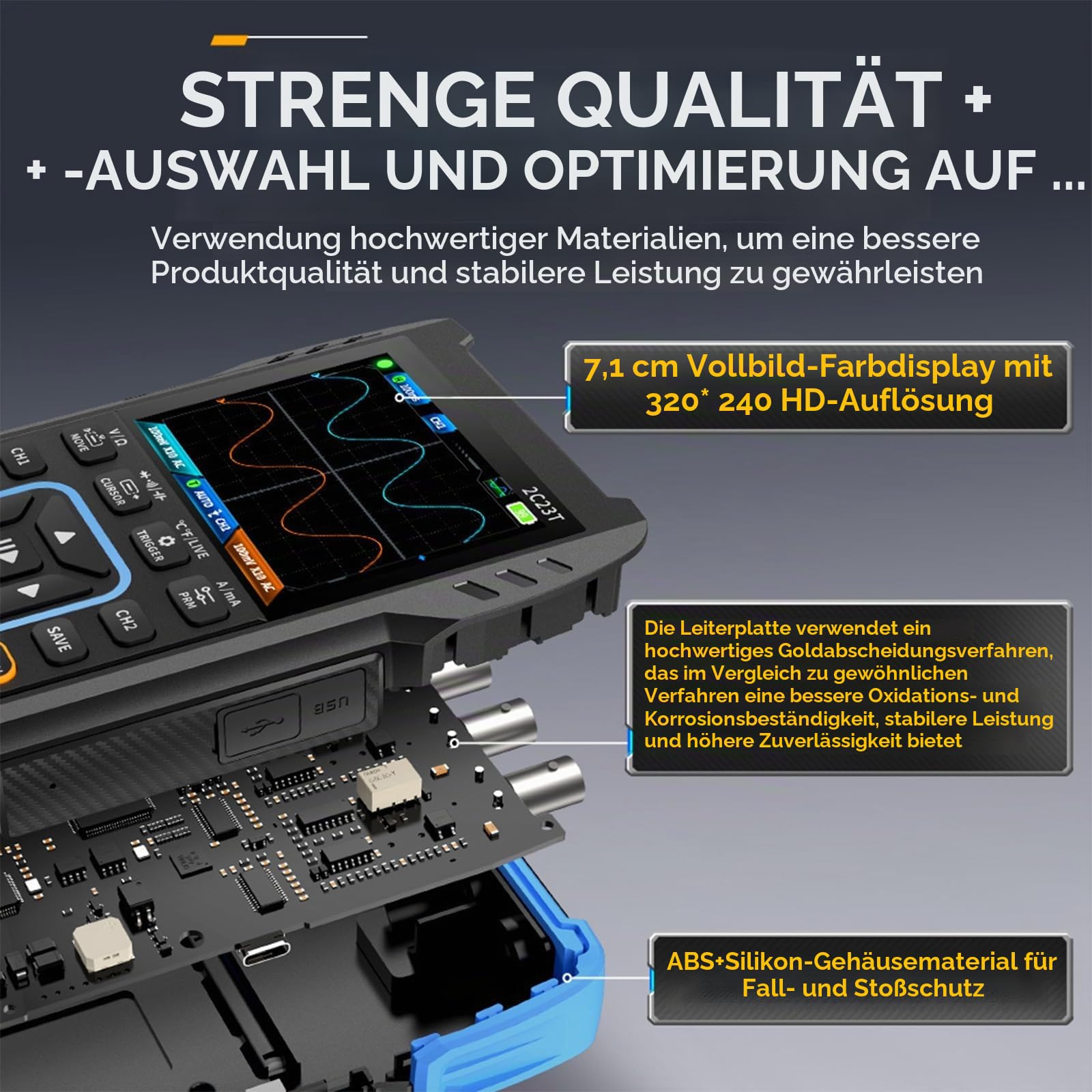 DollaTek 2C23T 3-in-1 Hand Oszilloskop, 2 Kanäle 10 MHz, 50 MSa/s Abtastrate, Multimeter & Signalgenerator, 2,8 Zoll HD-Display, 3000mAh Akku, Mehrsprachig, für Werkstatt, Labor & Automobilprüfung