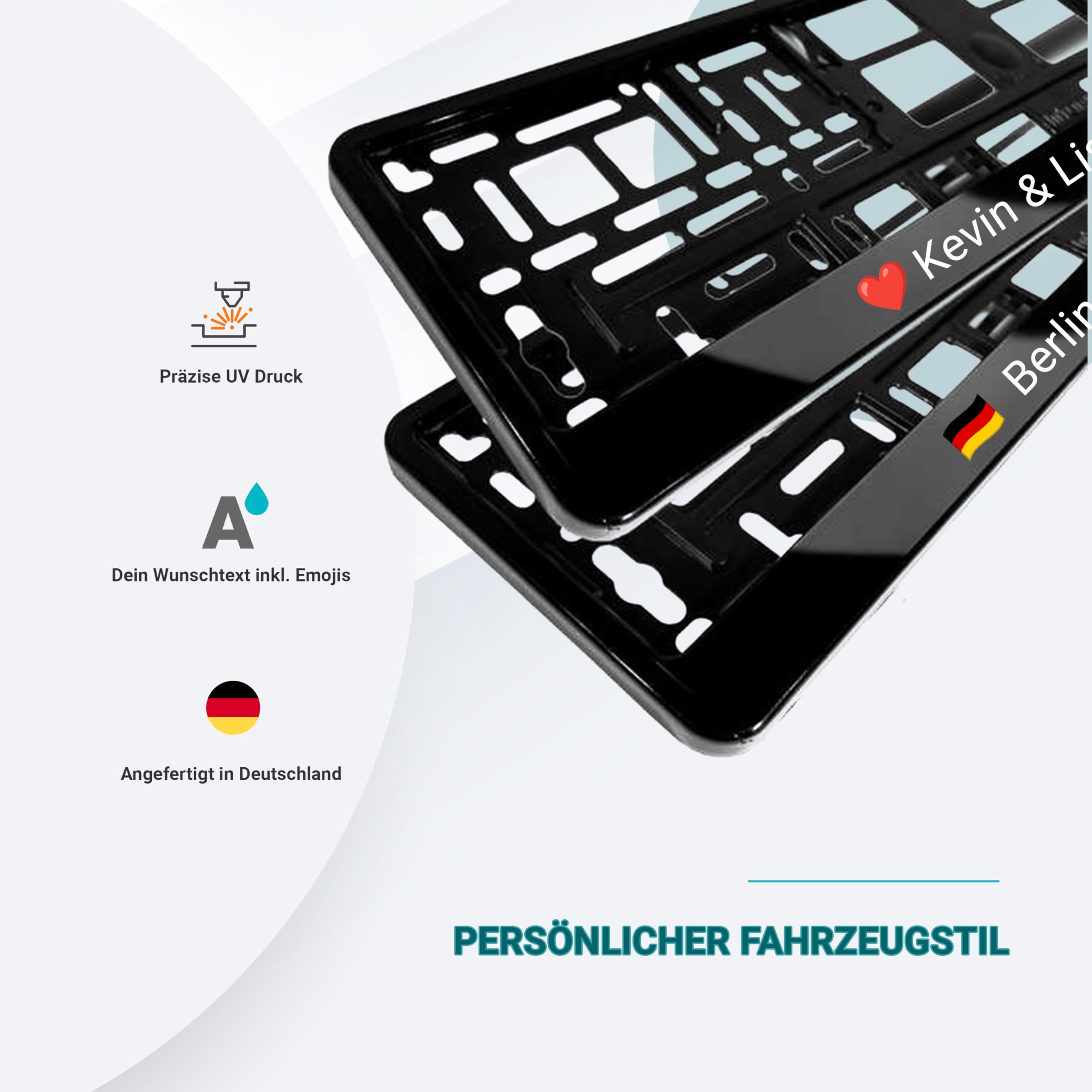 Bl4ckPrint - Support de plaque d'immatriculation personnalisé avec texte et emojis au choix - Lot de 2 cadres de plaque d'immatriculation pour voiture - Résistant aux intempéries - Support de plaque