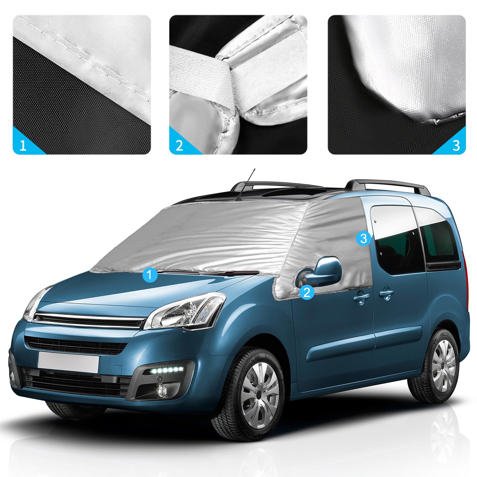 Copertura per Parabrezza Auto compatibile con Citroen Berlingo 2008-2018, Argentato Parasole per Finestrino Anteriore, 100% Oscurante, Blocca i Raggi UV, Resistente Alle Intemperie