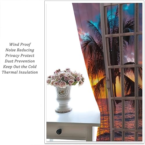 Miniatura 5 de Cortinas opacas de playa oceánica, ventana exterior, palmera tropical, puesta de sol, decoración de paisaje, para dormitorio, sala de estar, juego
