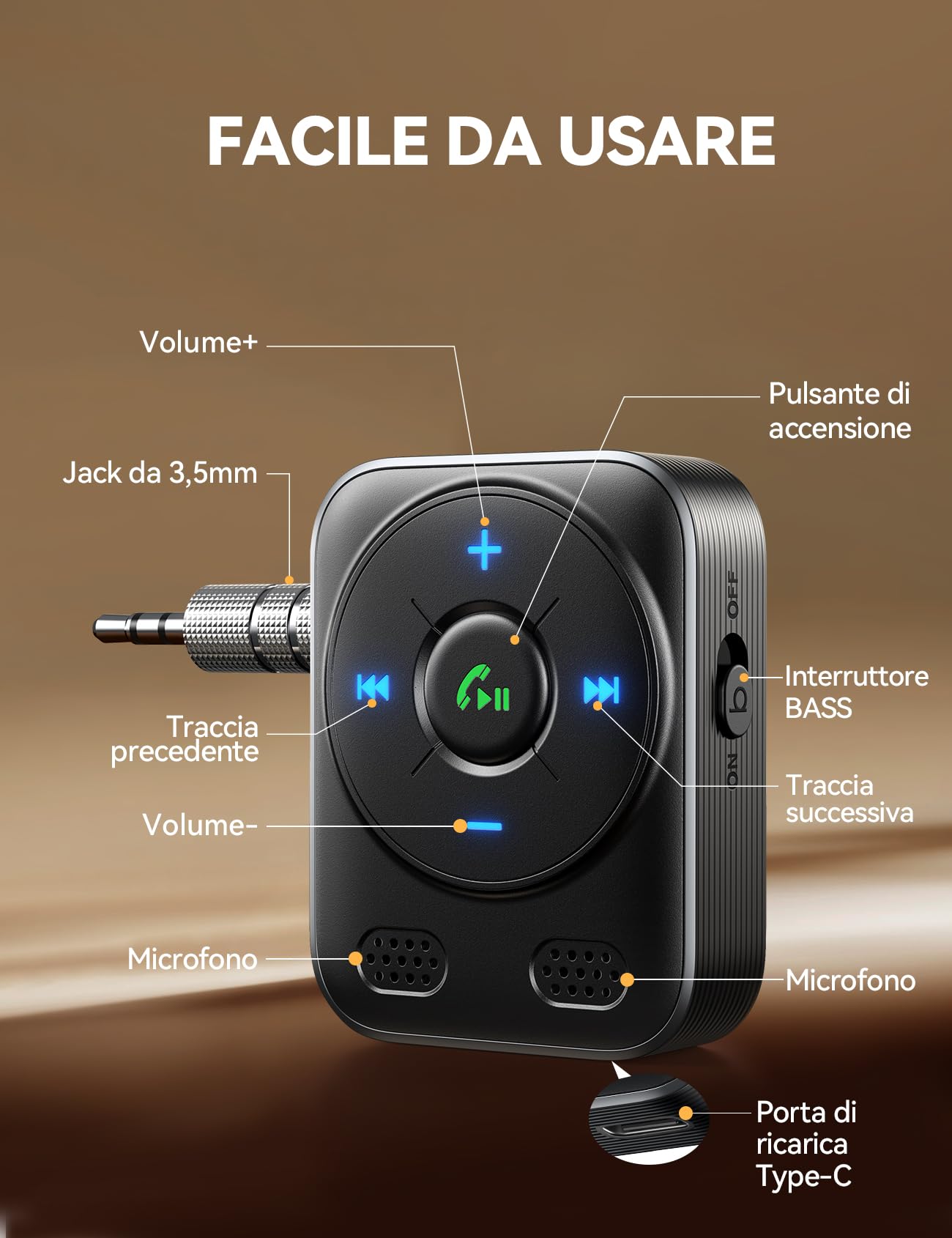 2025 JOYROOM Bluetooth 5.4 Auto, Ricevitore Aux 【Basso E Hifi Stereo】 Vivavoce Bluetooth Per Auto con Indicatore LED, Aux con 16 Ore di Riproduzione