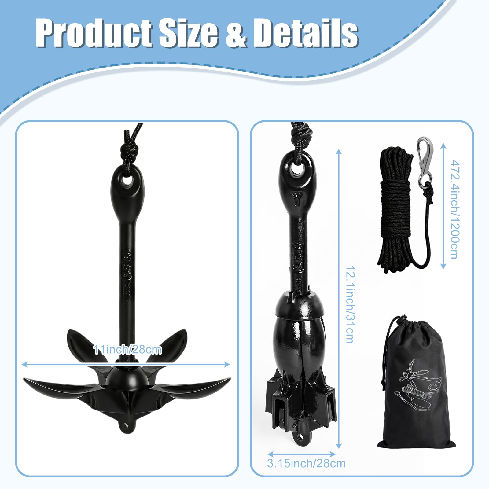 Faltklappanker für Kajak Boot, Klappanker mit Ankerleine, Karabiner Boje, Bootsanker Set mit Aufbewahrungstasche Ideal für SUP, Schlauchboot, Jetski & Kanu Zubehör