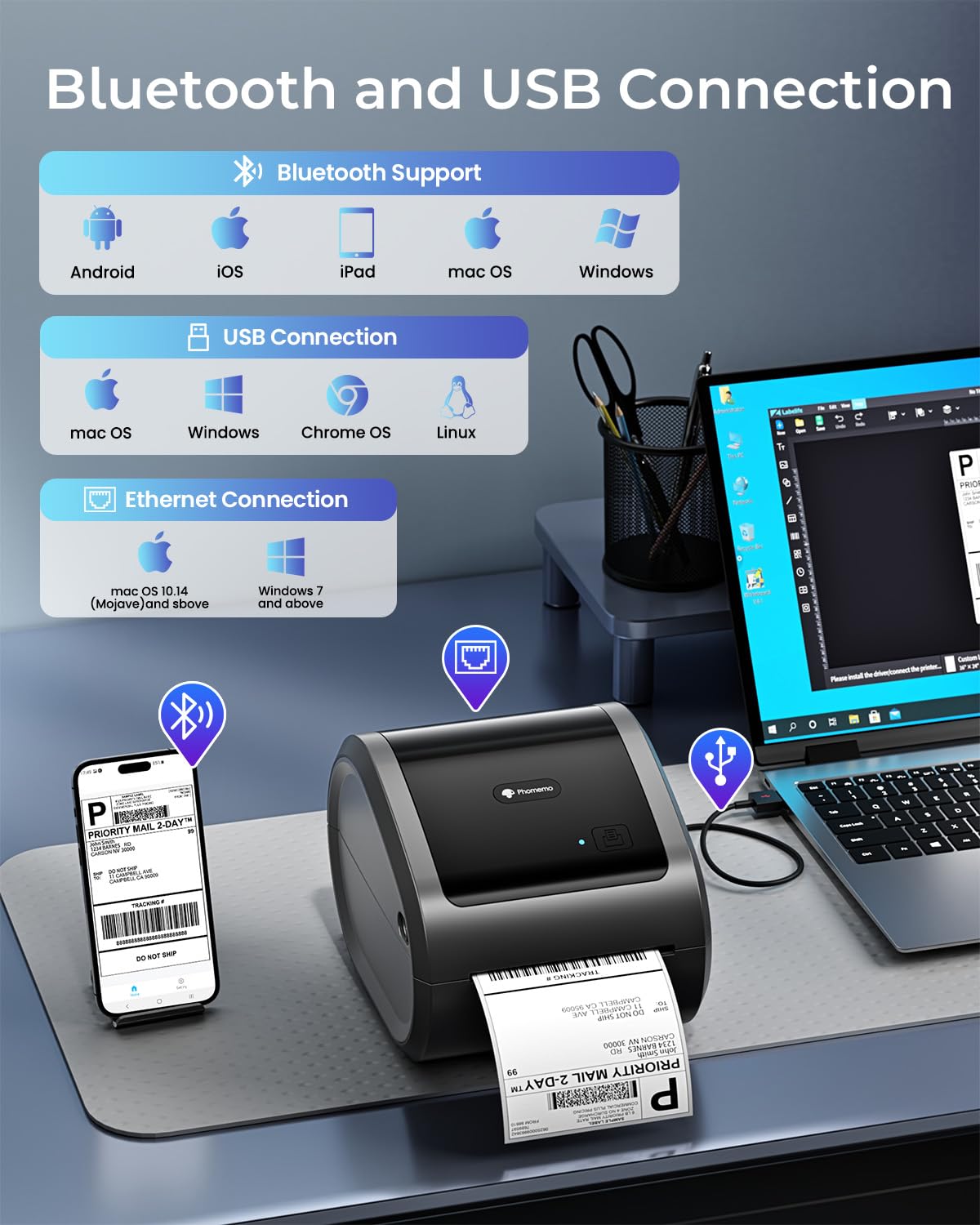 Phomemo Ethernet Stampante Etichette Spedizione, Stampante Termica Etichette da 300dpi per imprese, Supporta Ethernet, Bluetooth e USB, Compatibile con Amazon, Vinted, BRT, GLS, DPD, UPS