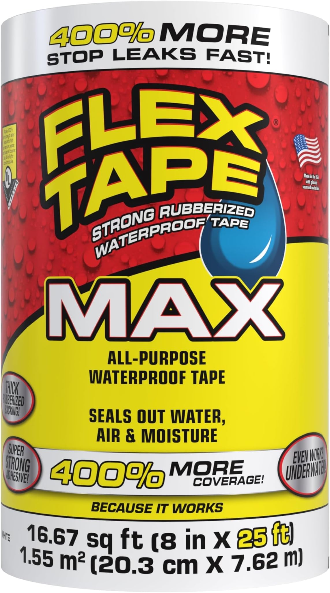 MAX, Original Thick Flexible Rubberized Waterproof Tape - Seal and Patch Leaks, Works Underwater, Indoor Outdoor - Home RV Roof and Pool Repairs, White, 8 in x 25 ft, Pack of 1