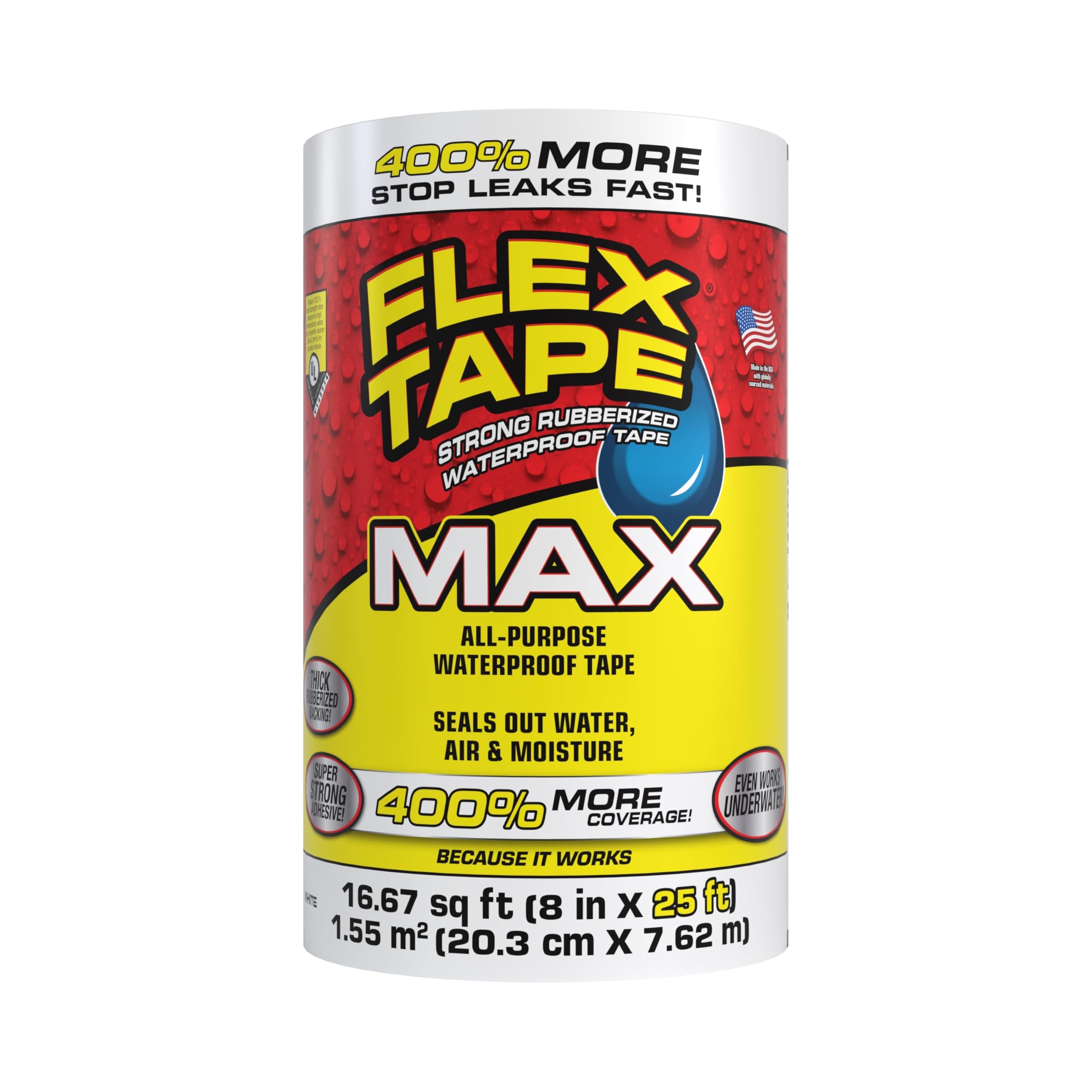 MAX, Original Thick Flexible Rubberized Waterproof Tape - Seal and Patch Leaks, Works Underwater, Indoor Outdoor - Home RV Roof and Pool Repairs, White, 8 in x 25 ft, Pack of 1