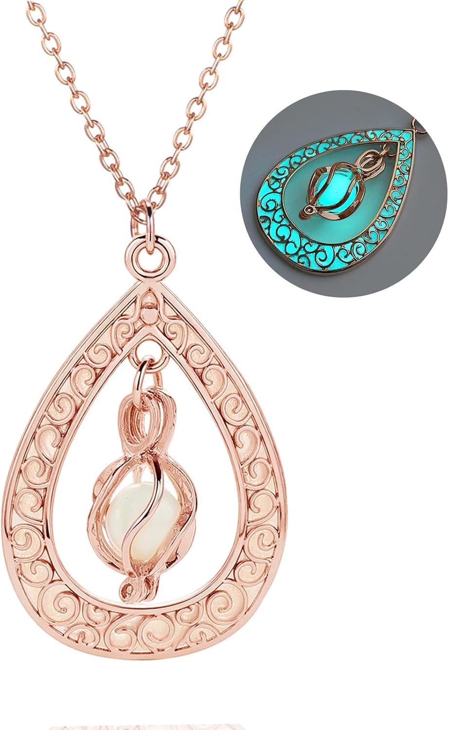 EEQQBZ Glow in The Dark Silver Teardrop shape necklace,Fantasy Glowing Jewelry Charm