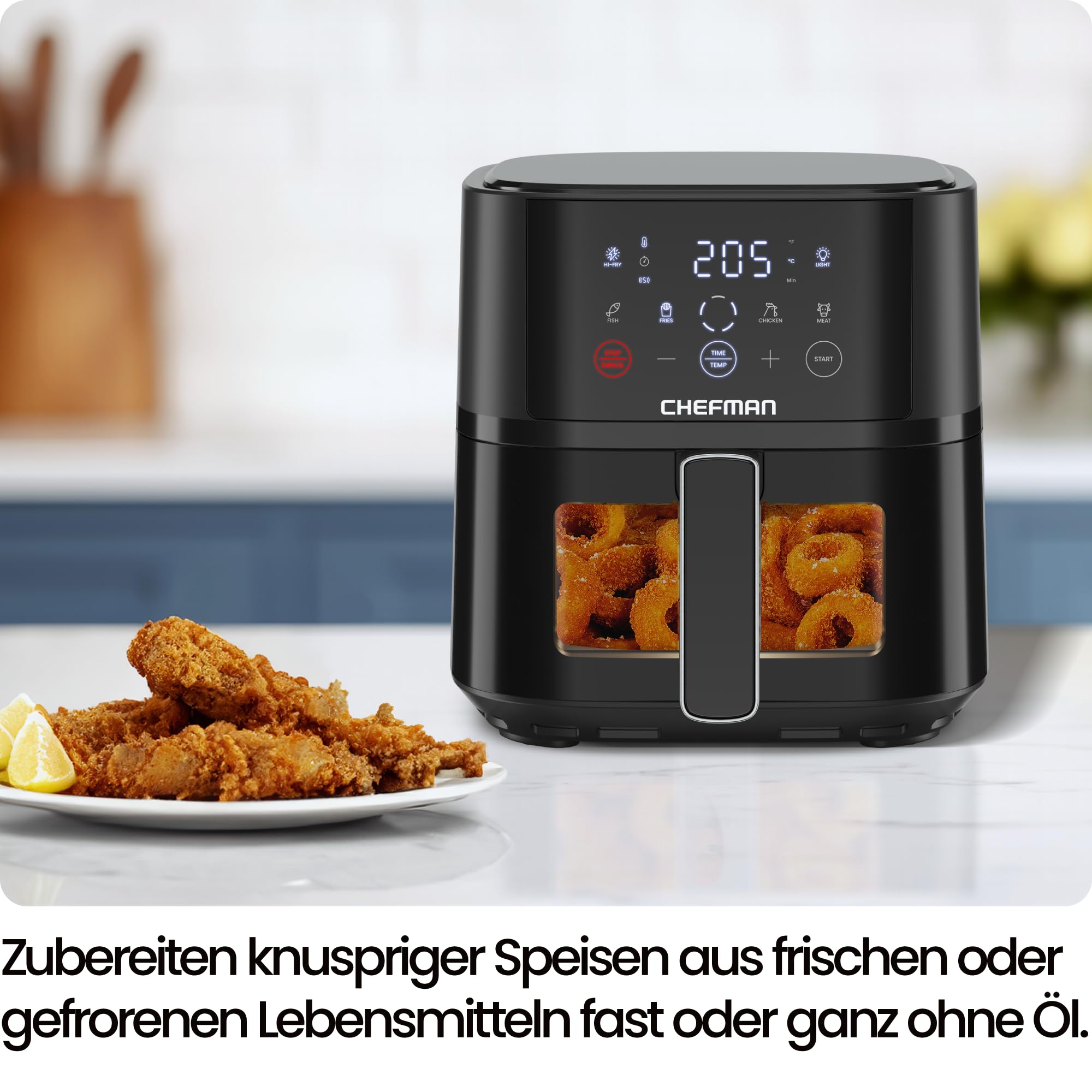 Chefman Heißluftfritteuse 3,75L mit Hi-Fry-Technologie, Sichtfenster | Kompakt, Touch Controls, antihaftbeschichtet, spülmaschinenfest, Schwarz