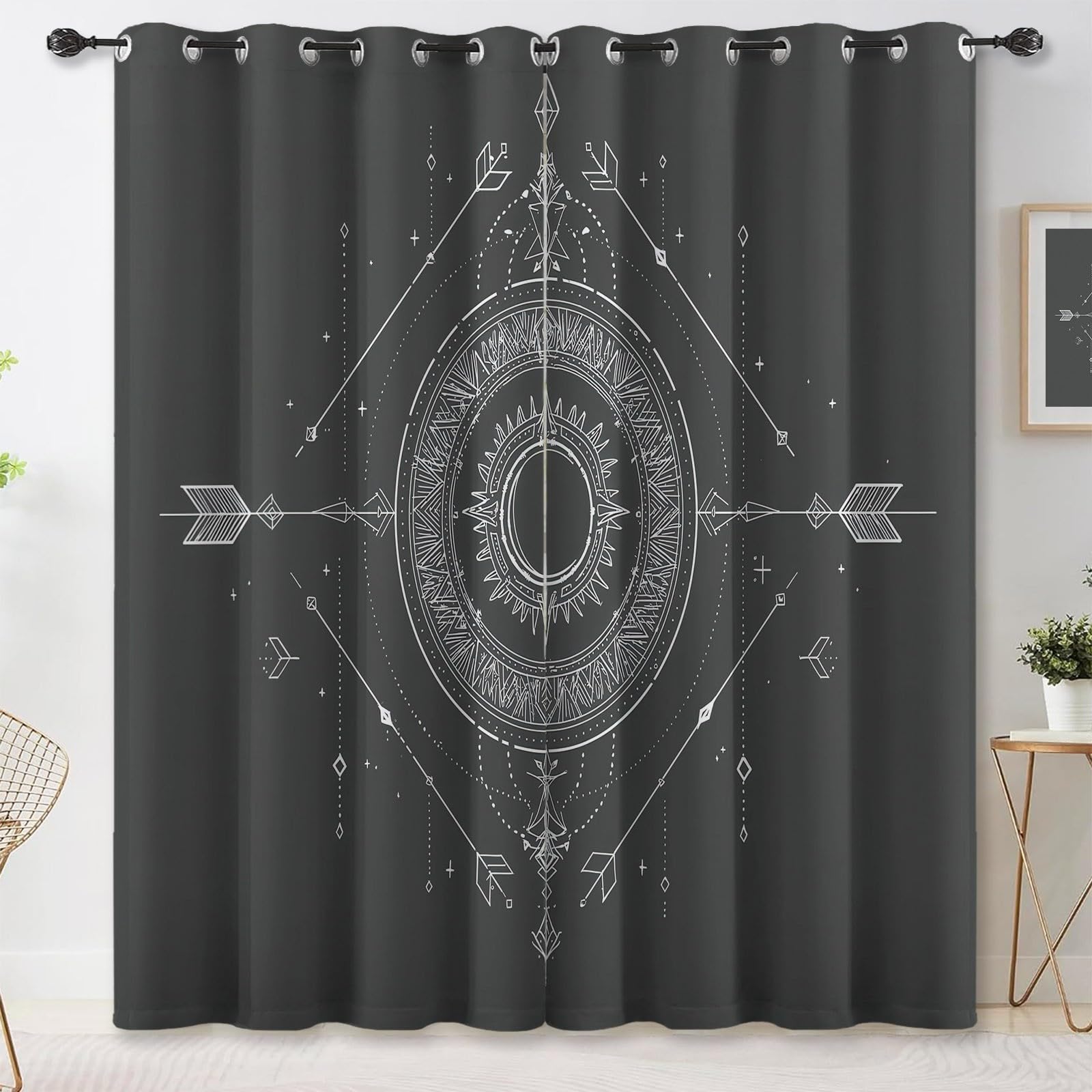 Rideau Isolan Mandala Géométrie bohème 2 Rideaux Imprimé Thermiques Anti Froid/Chaleur Gris foncé avec Oeillets Élégant pour Salon Chambre Maison 91.5L X 214H cm (2 Panneaux)