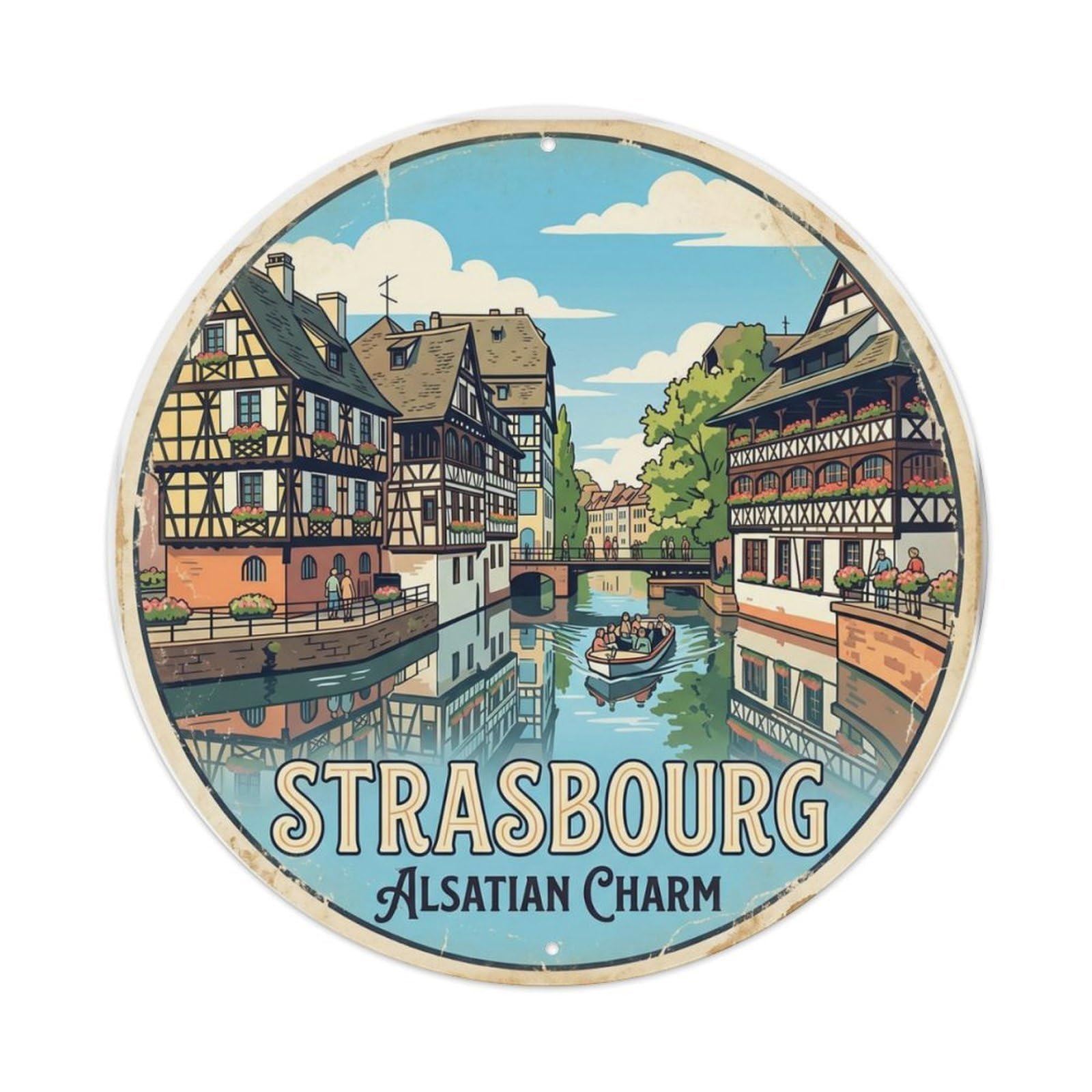 Vintage Travel Strasbourg France Petite Metal Tin Sign Plaque Wall Decor for Cafe, Club Bar, Office, Home Garden Round Metal Poster 8x8Inch