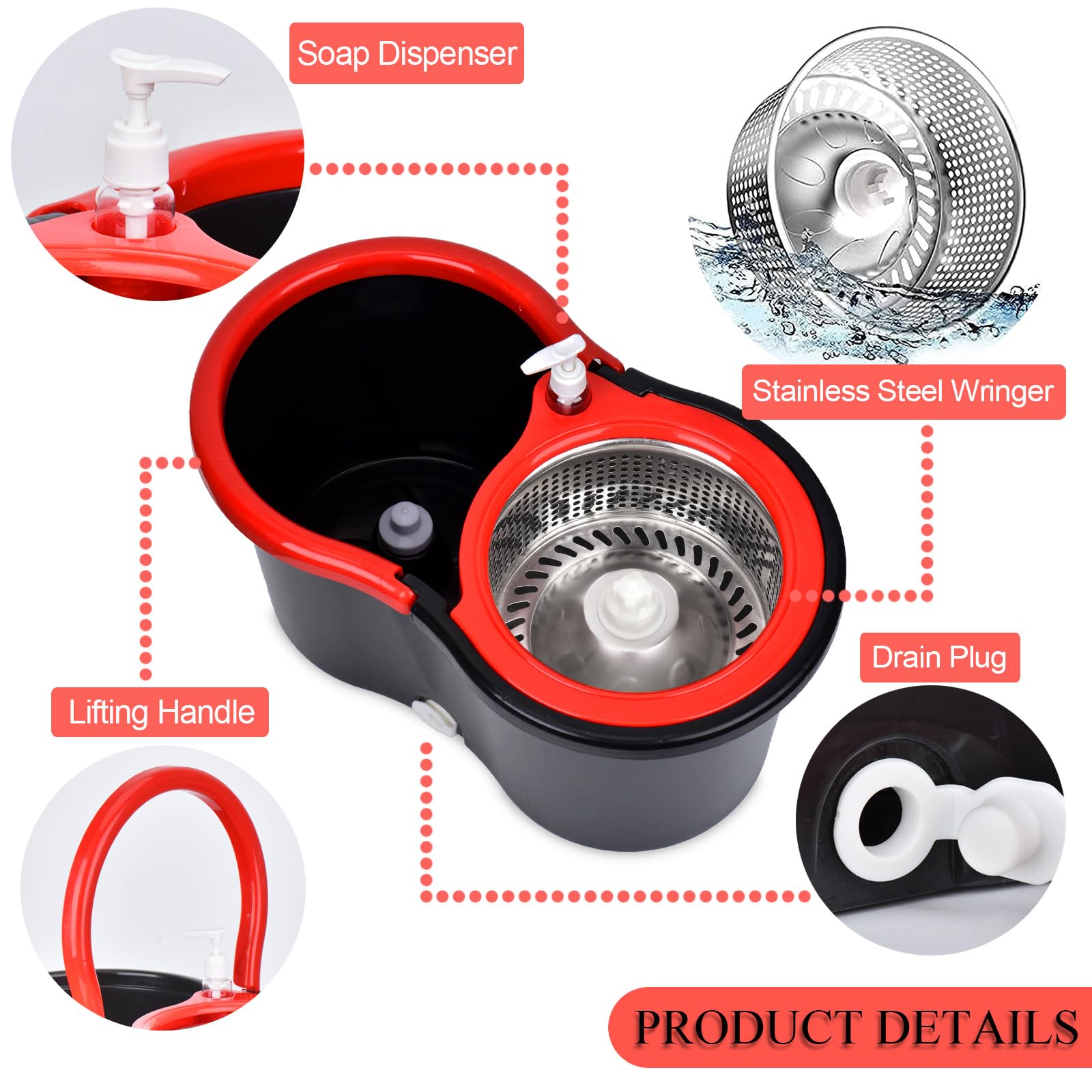 Juego de fregona giratoria y cubo, fregona y cubo con juego de escurridor, kit de fregona giratoria de 360° con 2 cabezales de repuesto de fregona de microfibra adicionales, sistema de cubo giratorio
