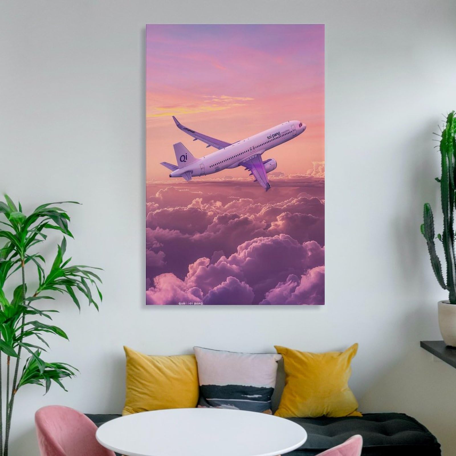 油彩画 飛行機の風景画 フレーム付き27cm25cm Amazon.co.jp: ピンク色の空と飛行機です 絵画 アート パネル 飛び回る