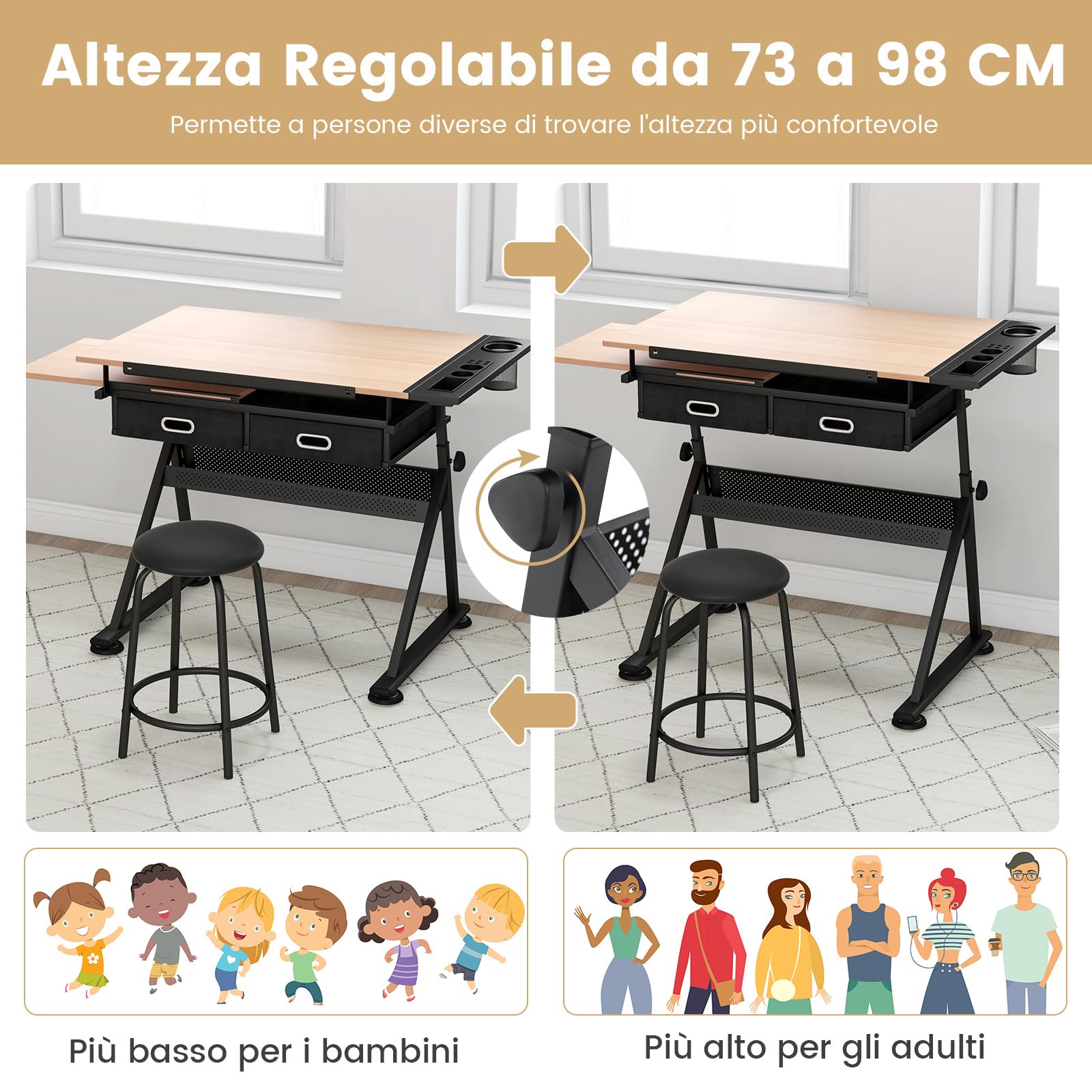 GYMAX Tavolo da Disegno Regolabile in Altezza, Scrivania Regolabile in Inclinazione, Tavolo per Dipingere con Sgabello, 119 x 60 x (73,5-98) cm (NATURALE)