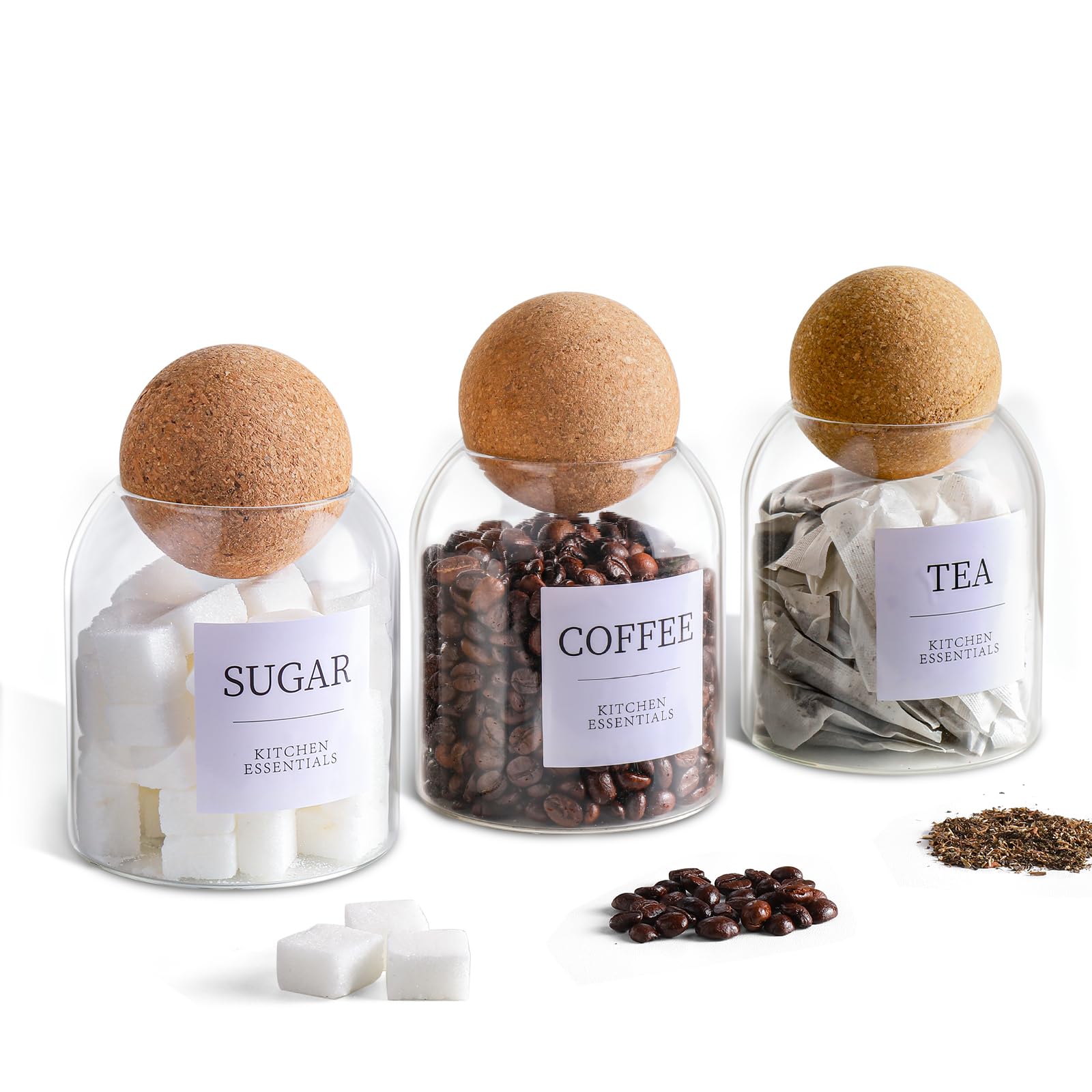 MHDCLY Tea Coffee and Sugar Canisters Set, 3 PCS Tea and Sugar Canisters, Unique Cork Ball 500ml Glass Jars, Kitchen Essentials, Coffee Set Organiser