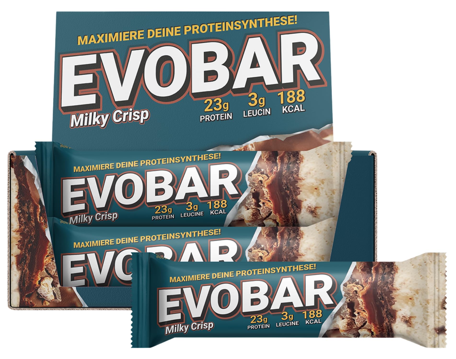 EVO SPORTS FUEL EVOBAR Milky Crisp Protein Riegel | 12 x 60g | ZERO palmöl Eiweißriegel mit 23g protein pro Bar | geprüfte Qualität | Made in Germany (1er Pack)