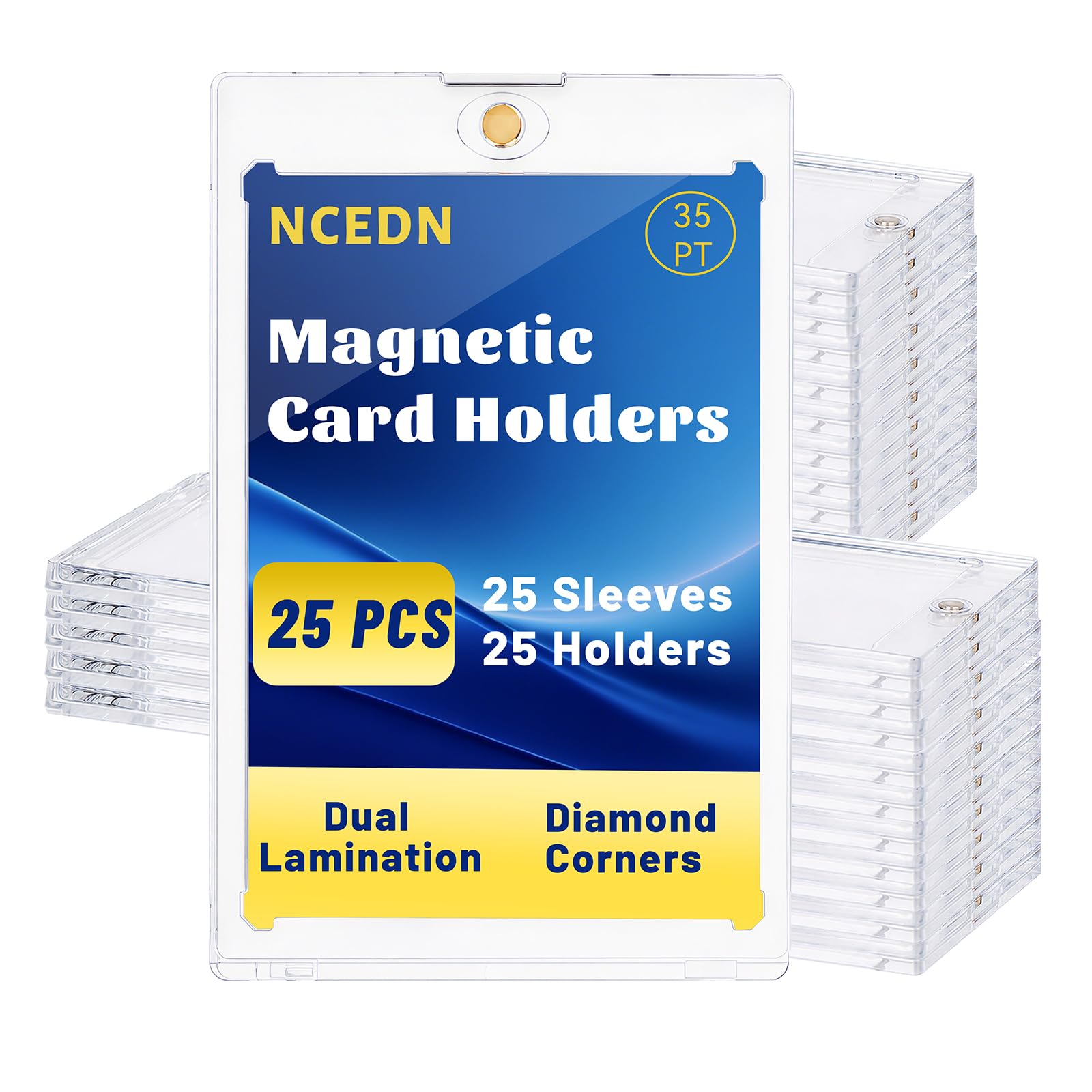 25 Pack 35pt Magnetic Card Holder, Includes Penny Sleeves and Double-Sided Protective Film for Extra Protection, One Touch Card Holder for Trading Cards, Baseball & Basketball Cards