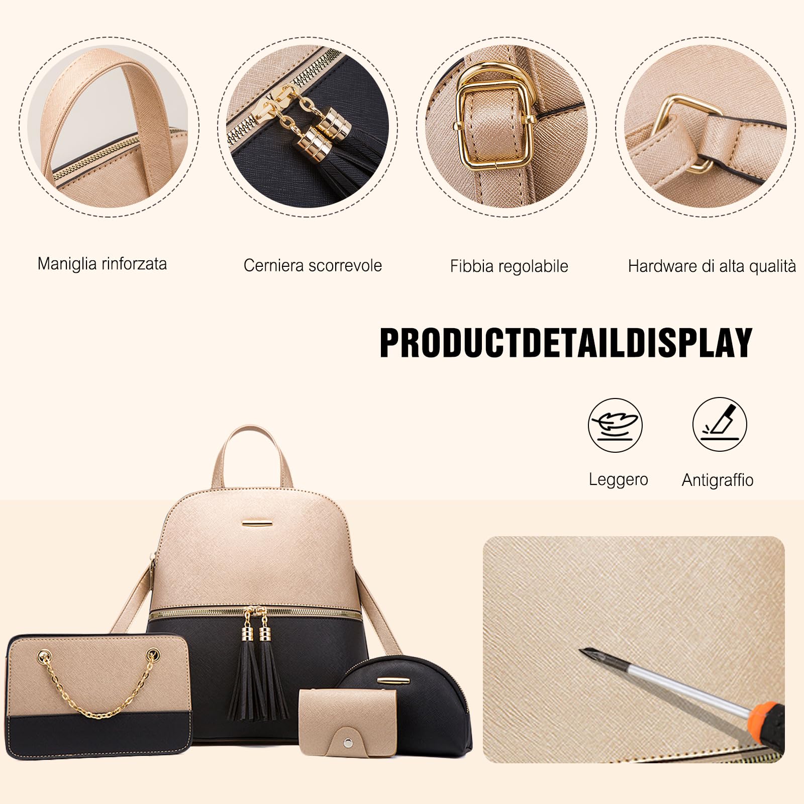 FANDARE 4 pezzi Set Nappa Borsa a Mano con Pochette e Clutch Borse a tracolla Portafoglio Zaino Donna Zaini PU Pelle Spalla Borse Tote Pochette Messenger per Shopping Viaggio Sacchetto Borsetta