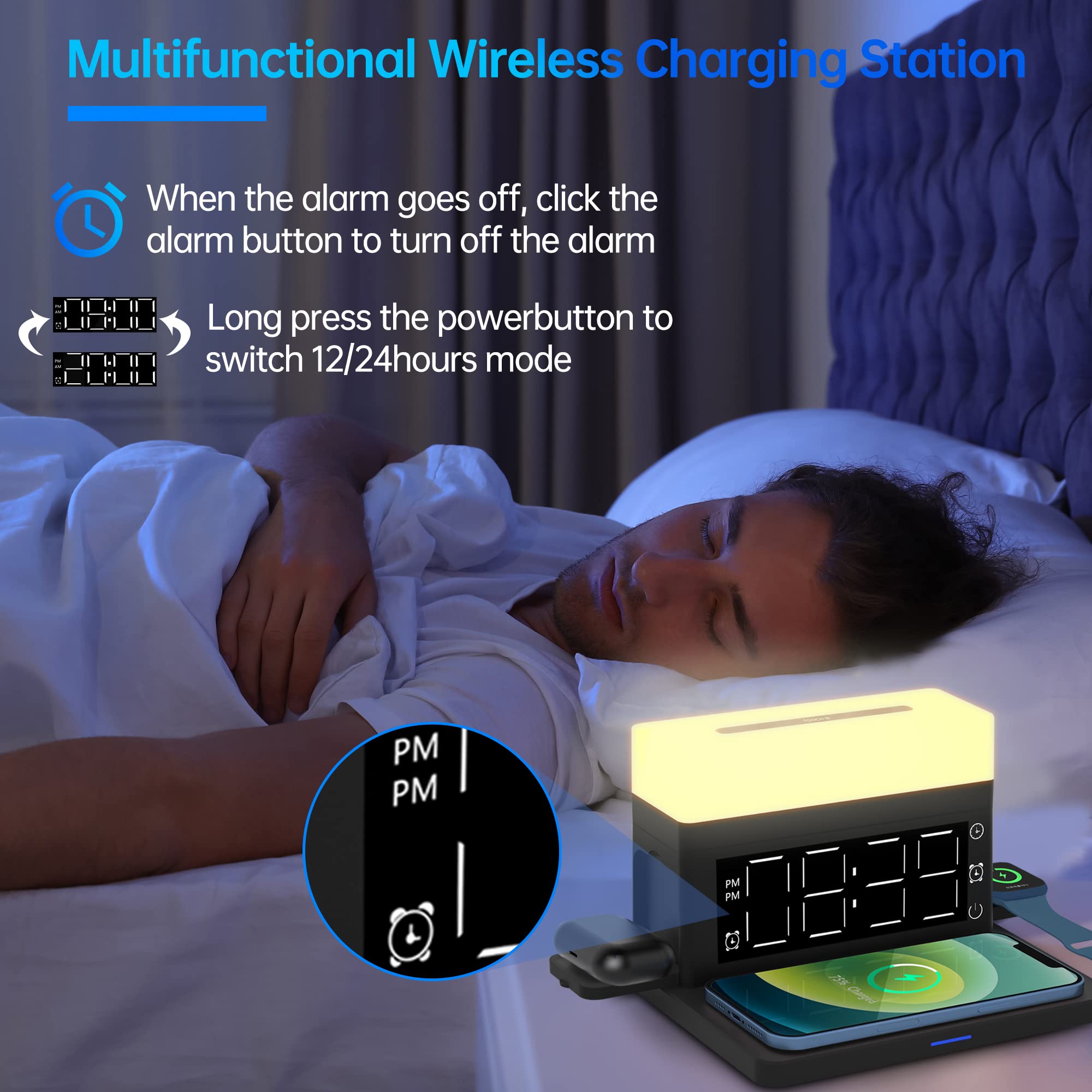 Chargeur sans fil, station de charge sans fil 6 en 1 avec réveil numérique et veilleuse, chargeur rapide 15 W compatible avec iPhone 14/13/12/11/XS, Samsung Galaxy AirPods et Apple Watch