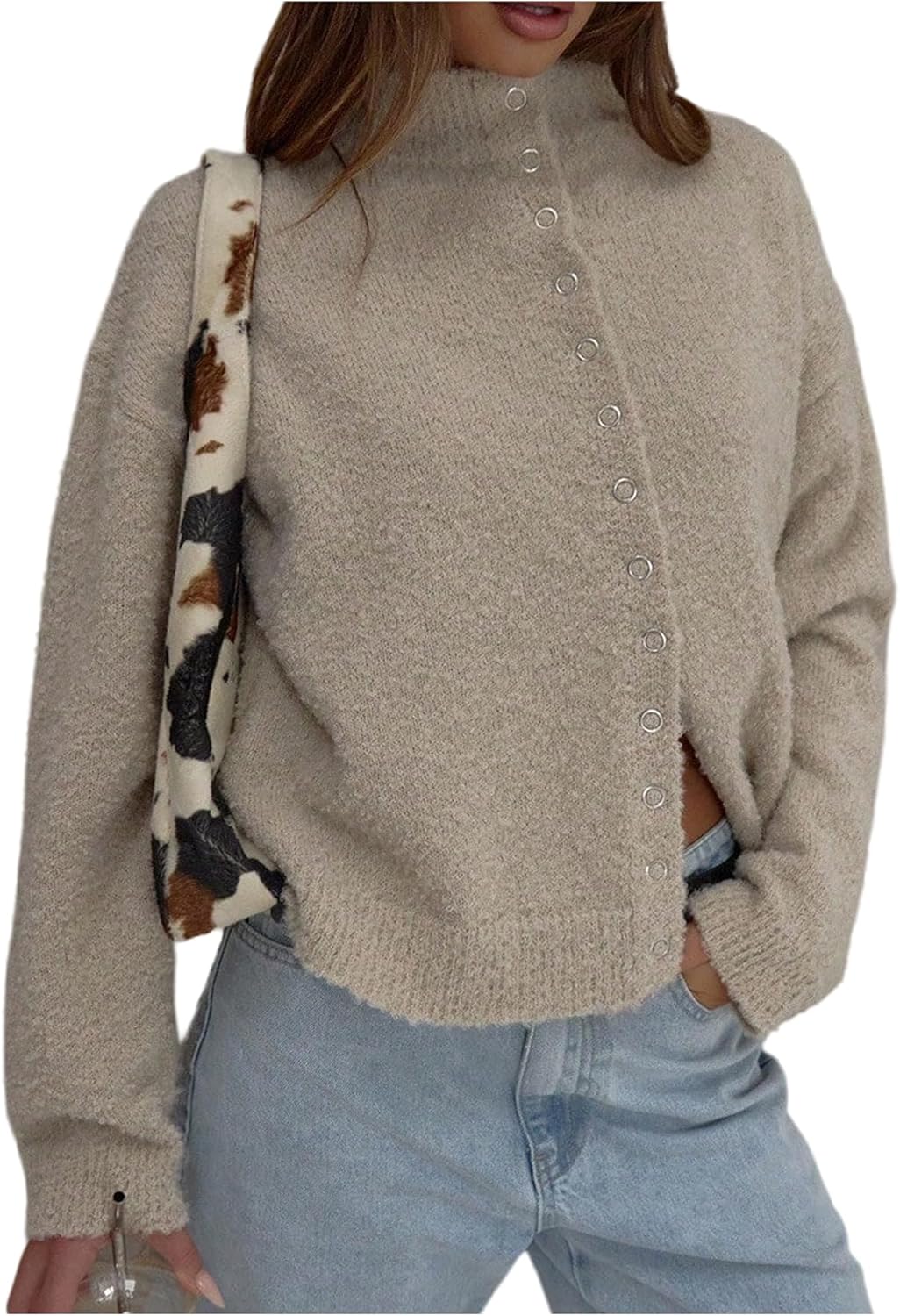 GORGLITTER Women's Fuzzy Fall Cardigan Sweaters Lightweight Snap Button Down Knitted Dressy Casual Outerwear Coats