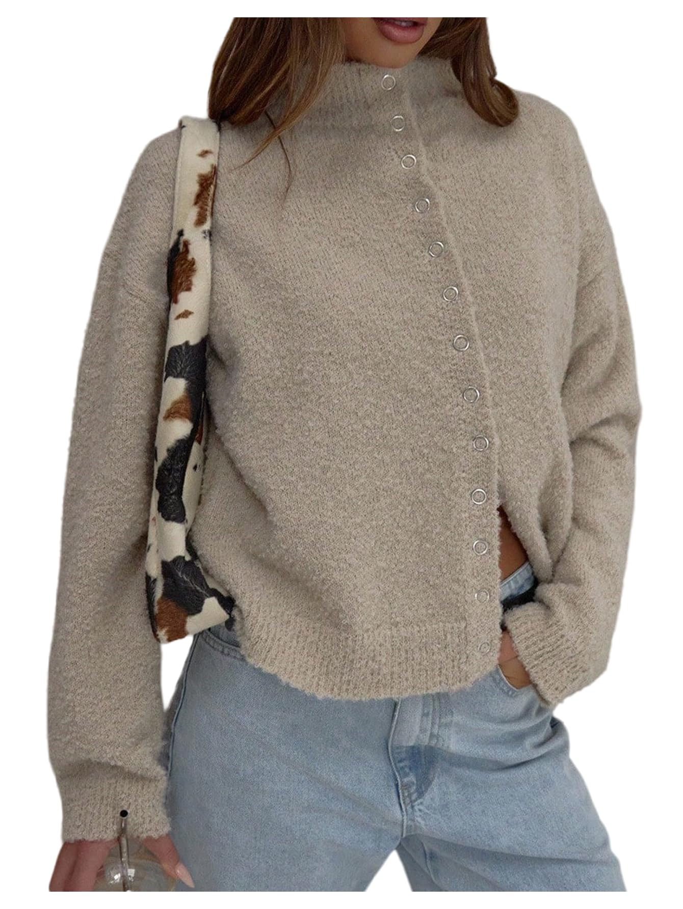 MakeMeChic Womens Mock Neck Cardigan Sweater Fuzzy Button Down Long Sleeve Outerwear