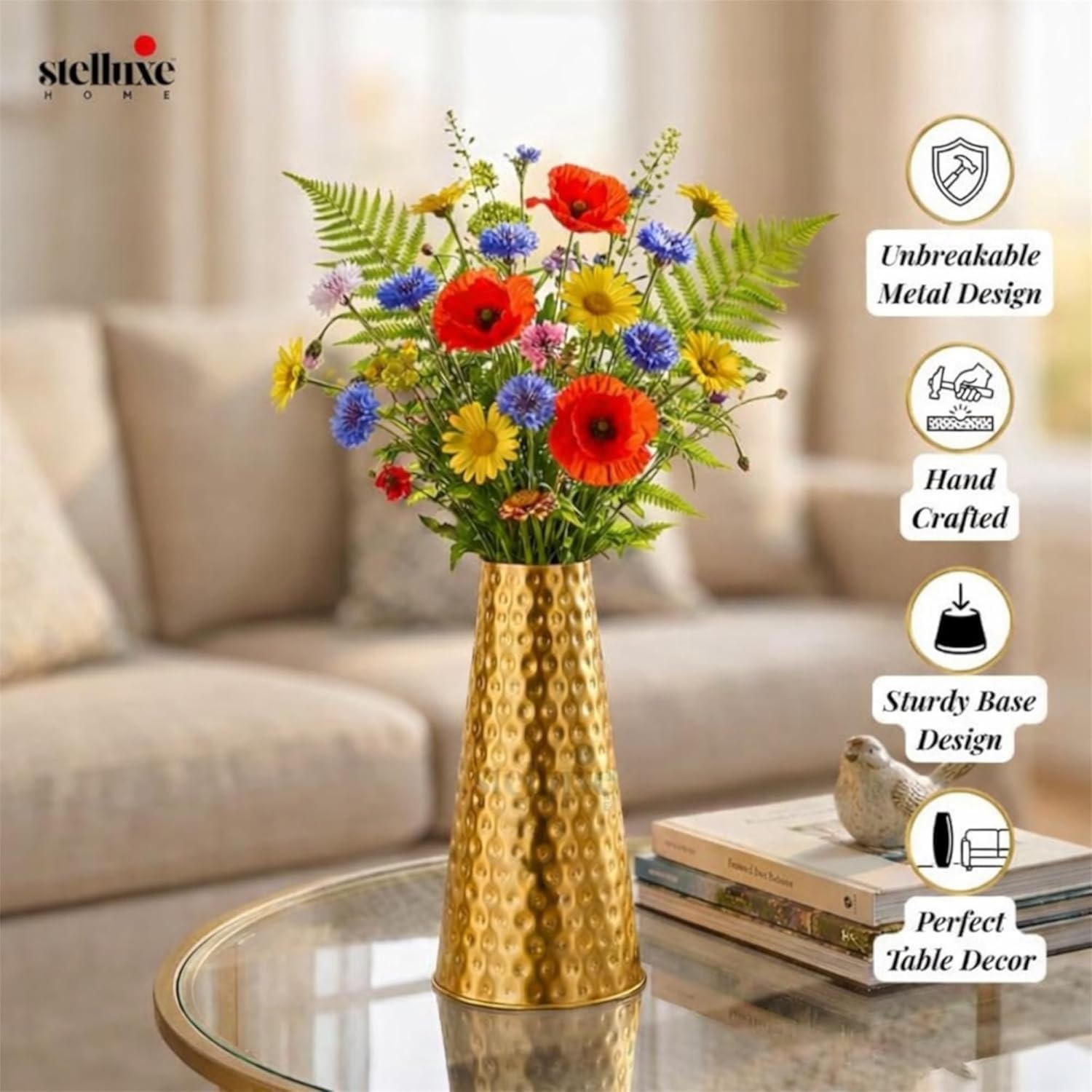 Gold Hammered Metal Flower Vase - 8.5 Inch -6 Gold Hammered Metal Flower Vase - 8.5 Inch -6