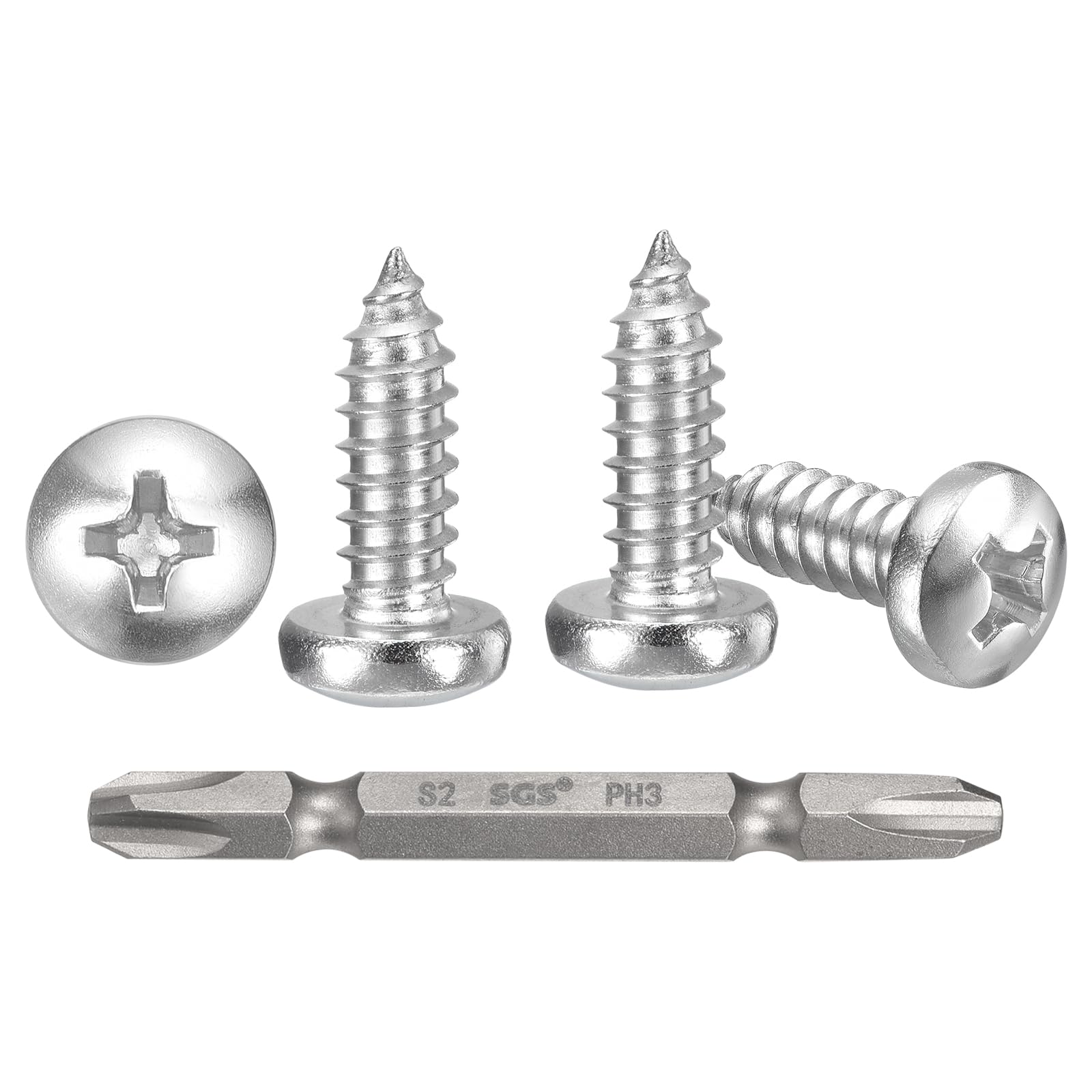 METALLIXITY Phillips Pan Head Self Tapping Screws(#14x3/4") 25Pcs, 304 Stainless Steel Self Drilling Screw for Metal Wood Plastic with Bit, for Cabinet Wall Shutter Plate Furniture, Silver