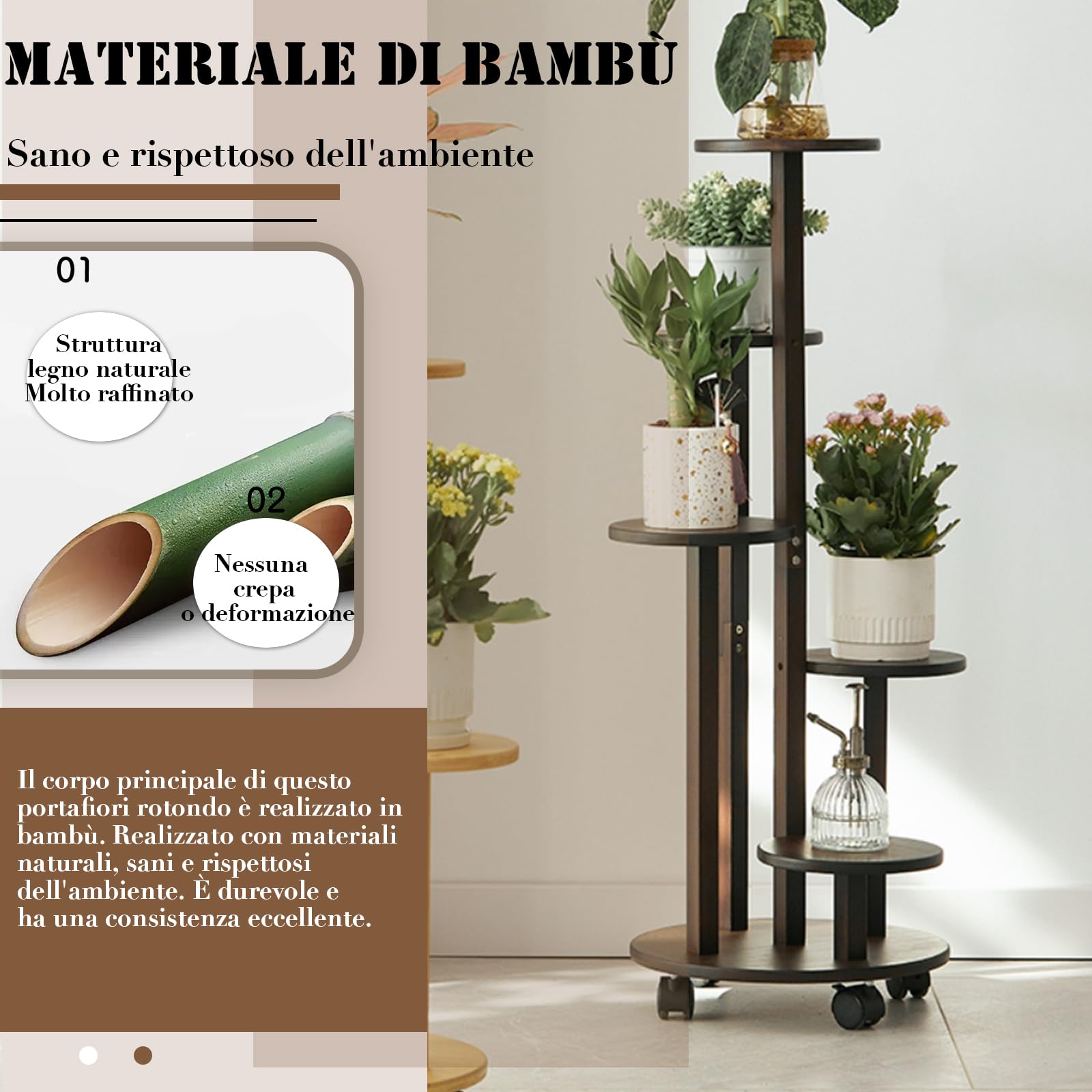 Porta Piante da Interno con Ruote, Scaffale 5 Livelli in Bambù Mobile 88 cm, Portavasi per Balcone, Giardino, Terrazzo, Supporto per Piante Reggivaso con Rotelle,Ø 31.5 cm (marrone)