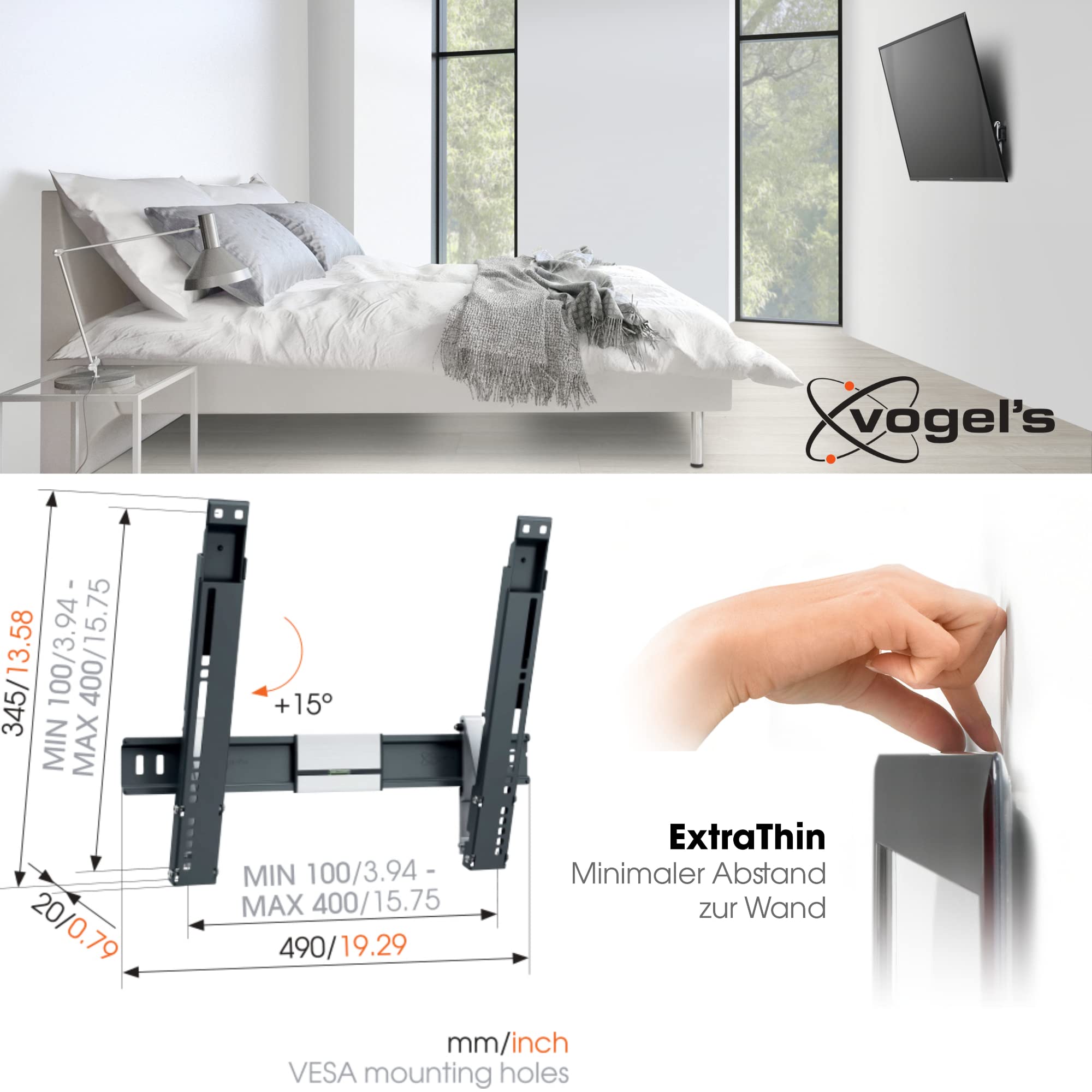Vogel's Thin 415 neigbare TV-Wandhalterung für 26-55 Zoll (66-140 cm) Fernseher, neigbar, max. 18 kg, max. VESA 400 x 400, ultradünne TV Halterung, TÜV-Zertifiziert, Black, 26-55"