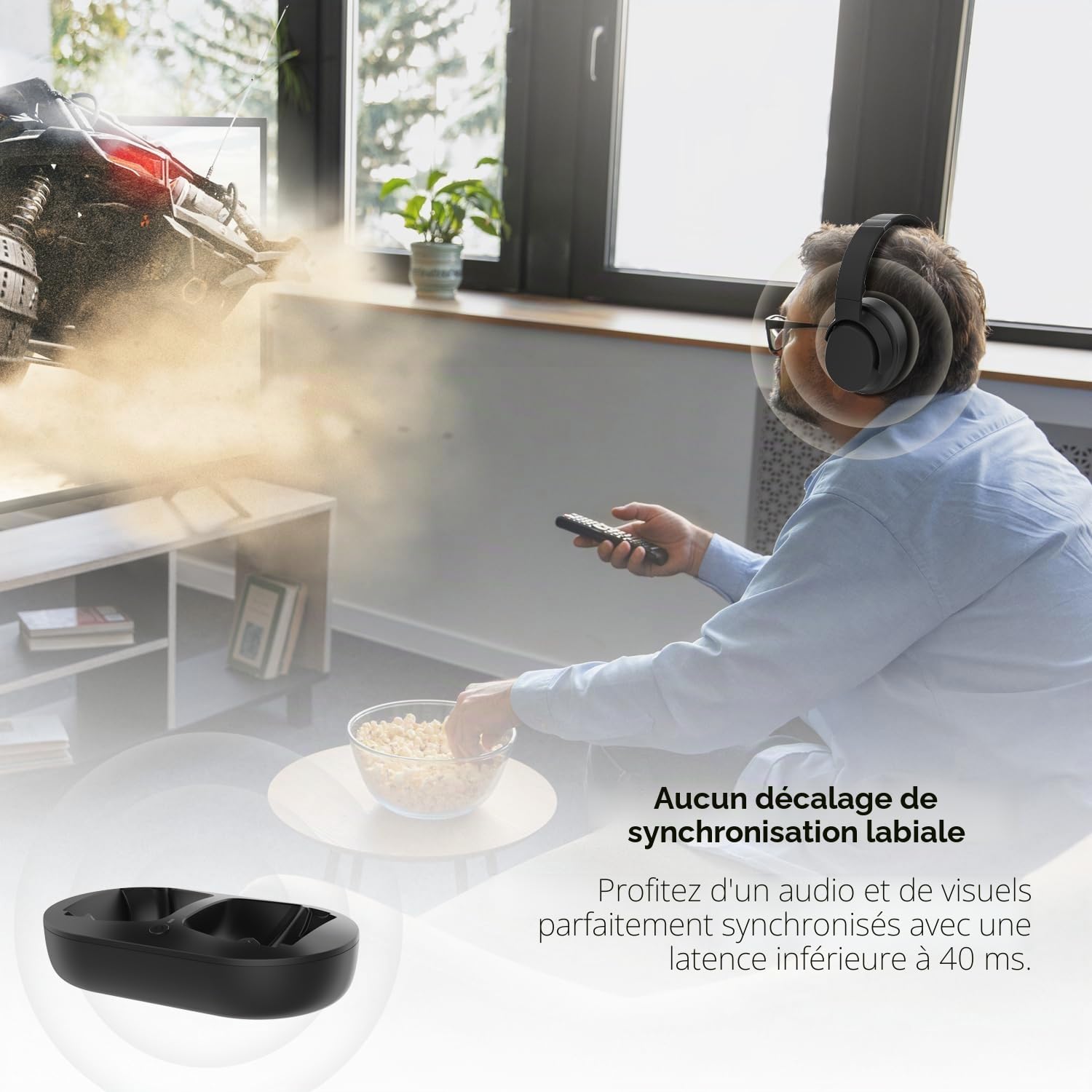 Casque TV sans fil, casque TV sans fil pour personnes âgées avec base de charge émetteur, casque Bluetooth compatible avec tous les téléviseurs, pas de retard audio, Plug and Play, cadeau pour les