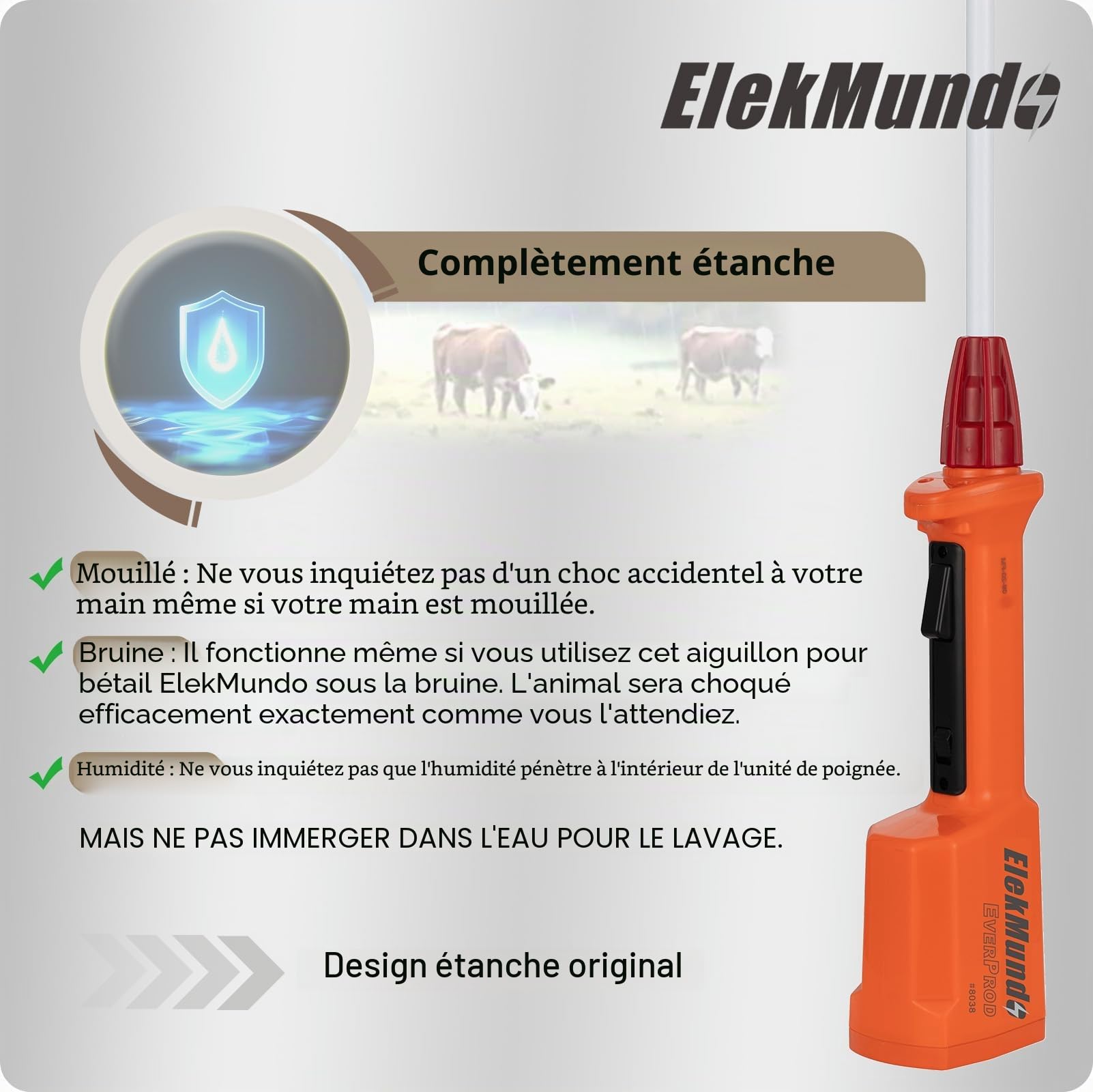 Prod à bétail étanche pour bovins, porcs, chèvres, moutons pour grands chiens, prod d'animaux électrique rechargeable, longueur totale 85,1 cm (avec manche de 58,4 cm de long)