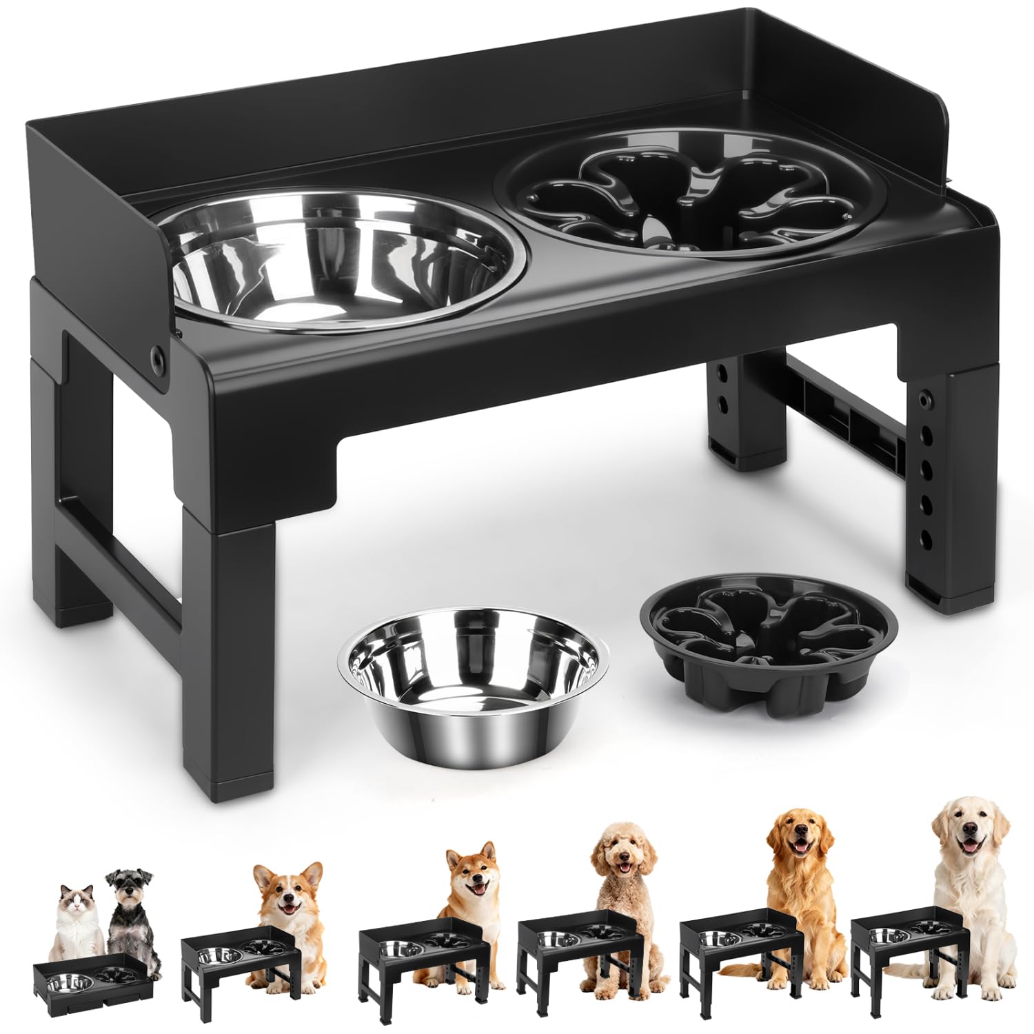 Nobleza Comedero Perro Elevado con Borde Antiderrame, 6 Alturas Ajustables y Reclinable, 1 x 1000ml Cuenco Acero Inoxidable, 1 x 600ml Comedero Perro Antivoracidad, para Perros y Gatos, Negro