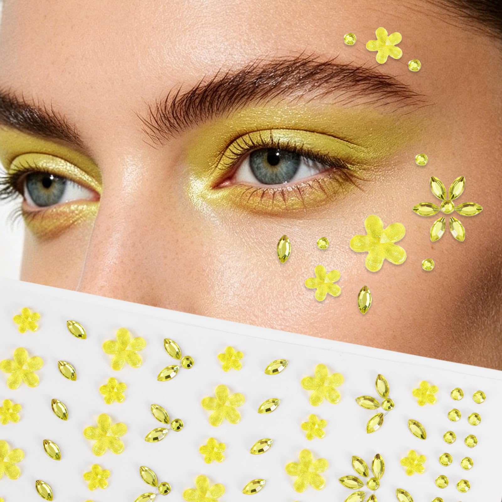 4 Sheets Flower Face Gems Stickers, Self-Adhesive Glitter Rhinestone Gems Jewels for Women Eyes Body Nails Festival Halloween Christmas Cosplay Party Makeup Decals (Yellow)